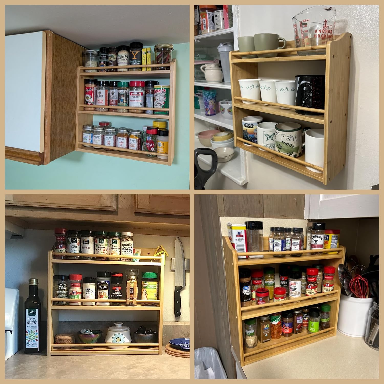 3 Tier Bamboo Spice Rack Wall Mount or Countertop,Spice Organizer | Seasoning Jars Rack Spice Shelf Organizer for