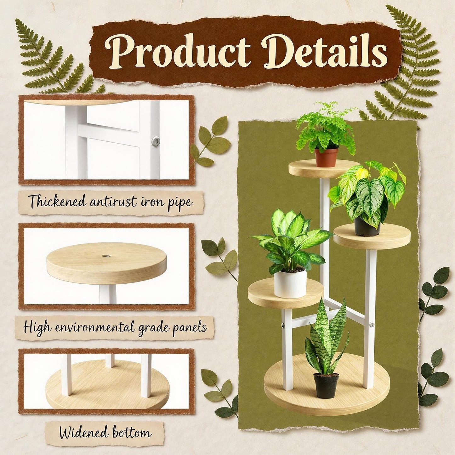 3 Tier Plant Stand Indoor, Metal Wood Plant Stands For Indoor Plants Multiple, Corner Tiered Flower Plants Shelf Stand