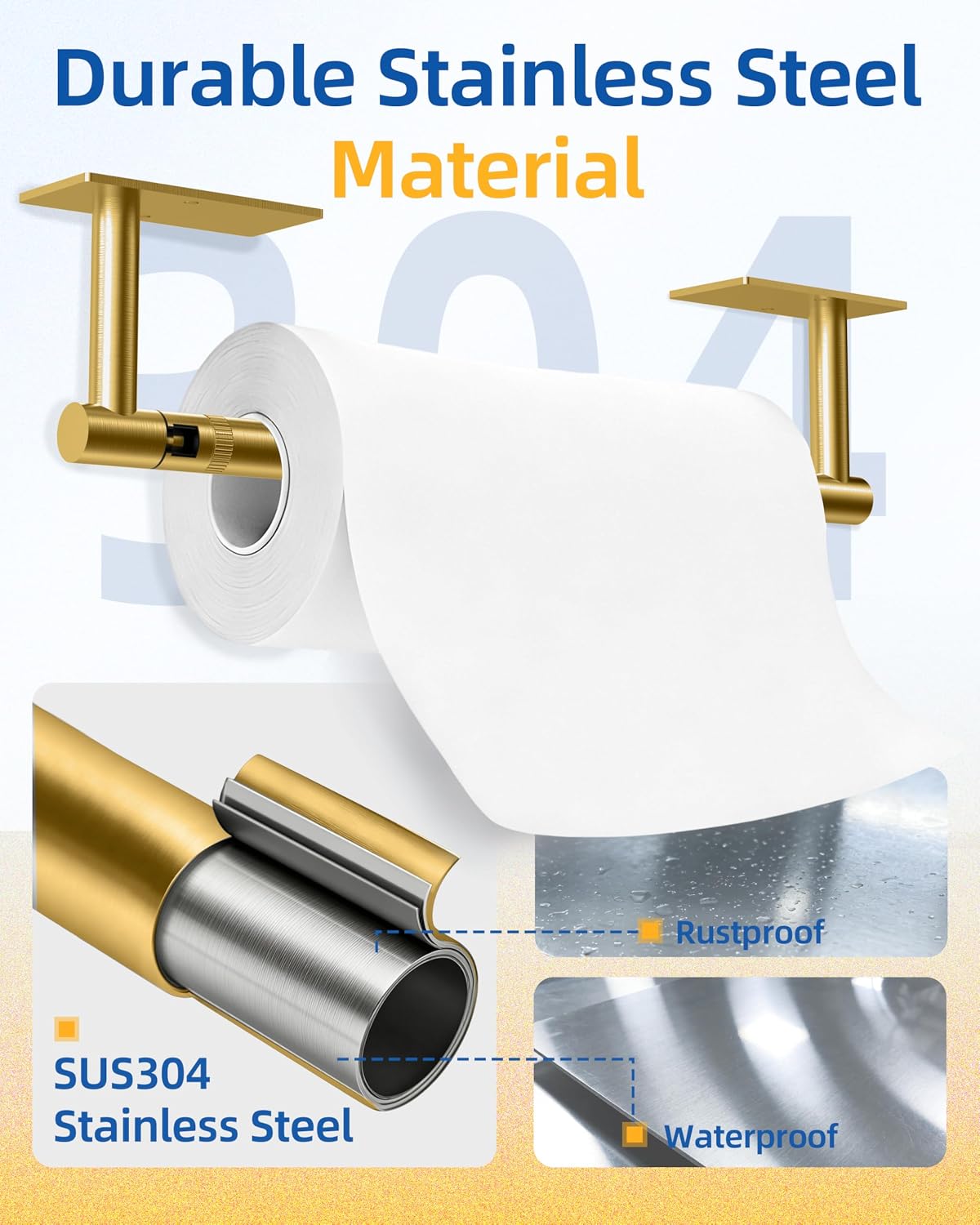 RUACQ Paper Towel Holder Under Cabinet, Stainless Steel, Brushed Gold | Drill Wall Mount or Adhesive, Square Base