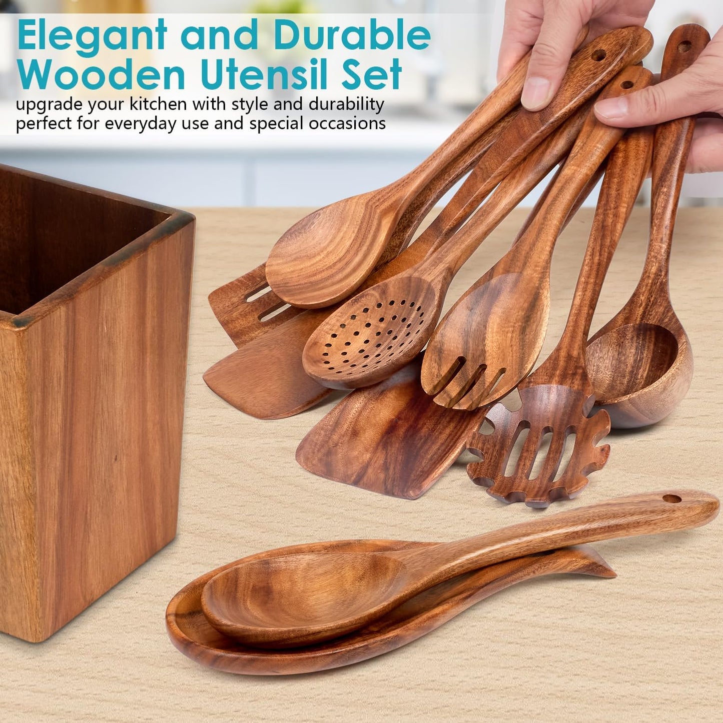 HOWHONG Wooden Spoons for Cooking, 11-Piece Wooden Utensil Set with Holder | Acacia Wood, Wooden Cooking Utensils