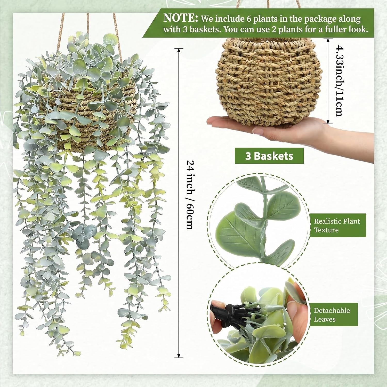 Woven Baskets / Artificial Hanging Eucalyptus Plants / Set of 3