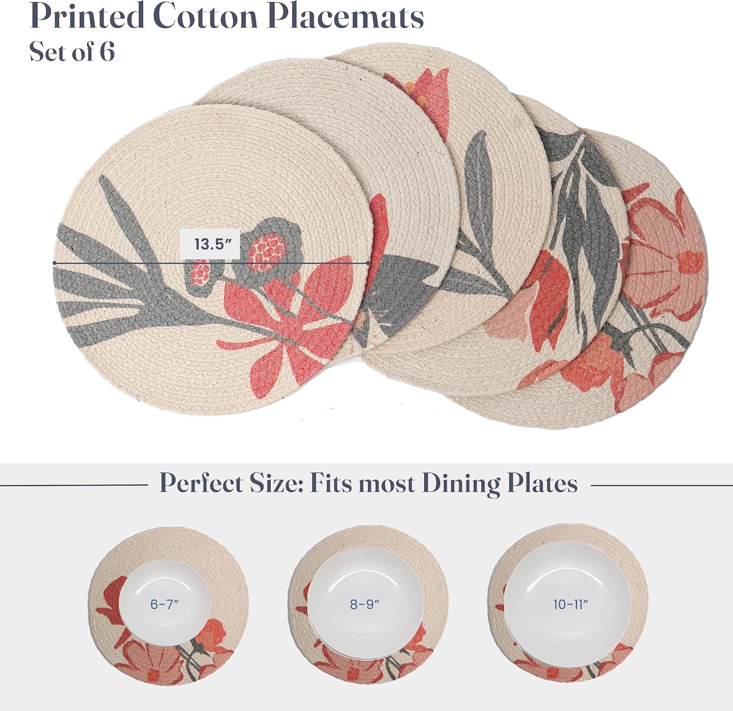 The Fine Living Braided Cotton Placemats, Round Table Mats, Set of 6,13.5" | Washable Anti-Slip Heat Resistant Braided
