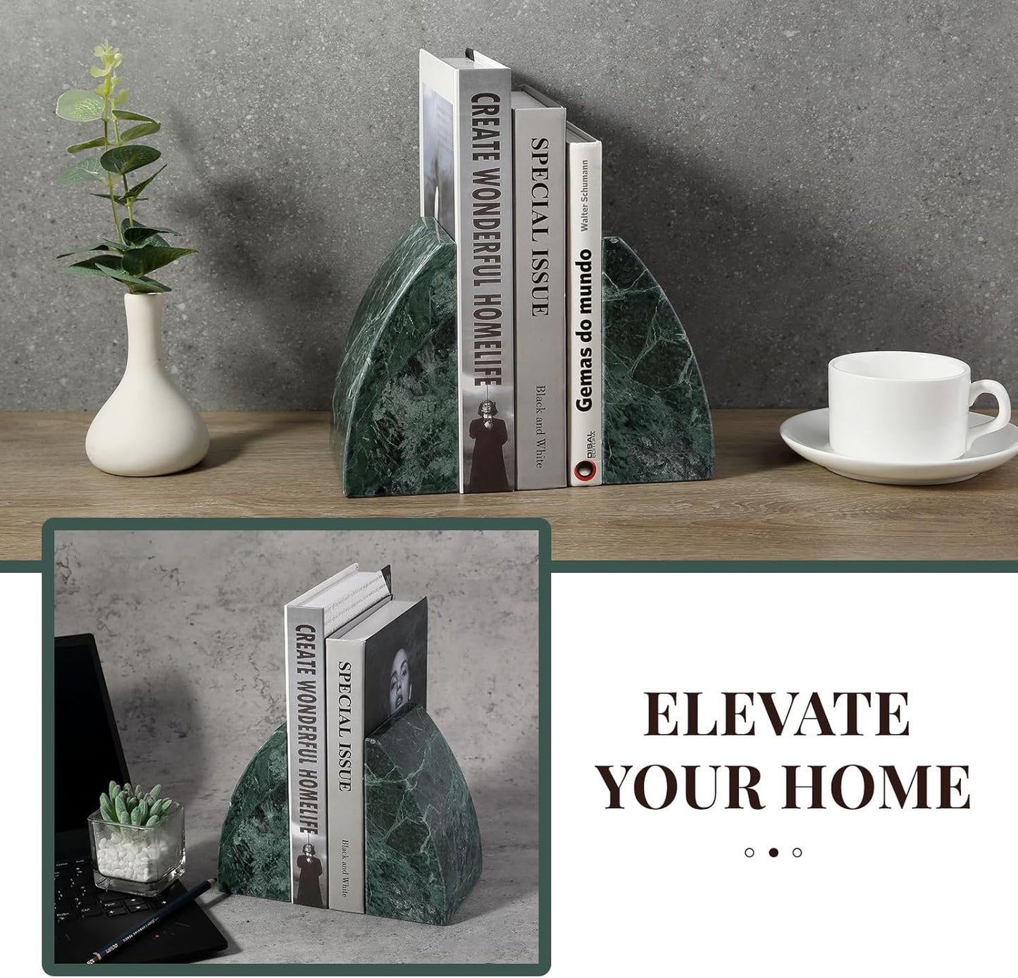 Marble Bookends / Non-Slip Heavy Duty Book Stopper / Sail-green