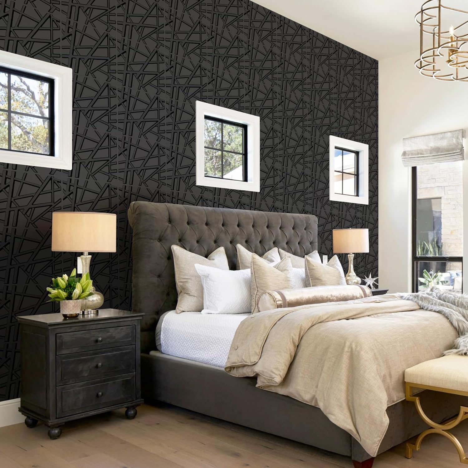 LEVOWAY 33 Pack 3D Wall Panels for Interior Wall Decor, 11.8''x11.8'' Black Accent Textured Wall Panels, Wall Covering