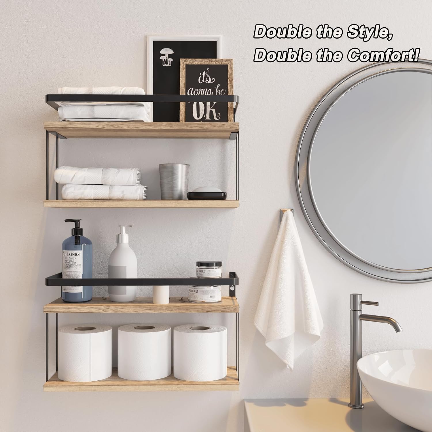 RICHER HOUSE Floating Shelves Bathroom, Wall Mounted Shelf Over Toilet | Dual-Level, with Metal Guard-Rail, Organizers