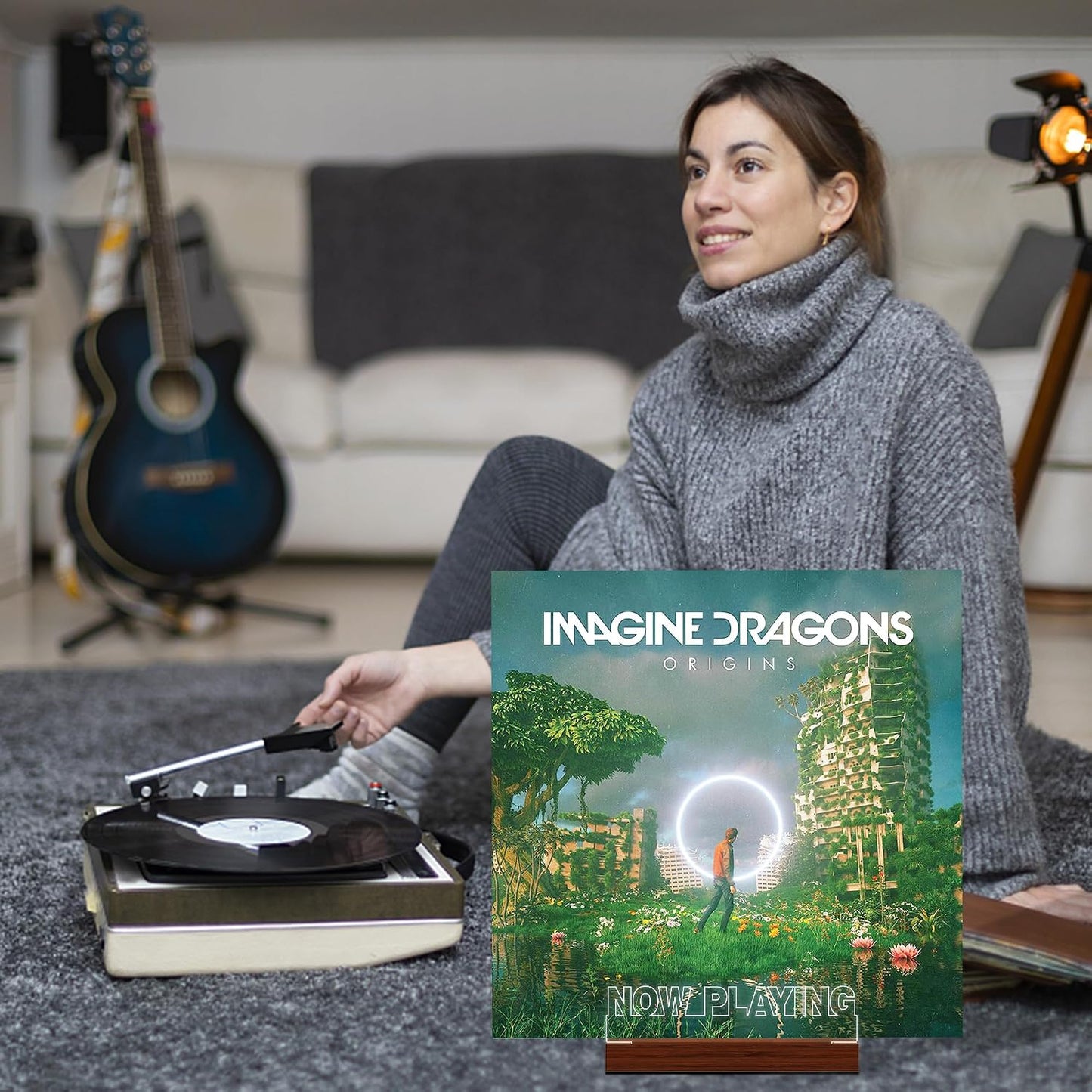 CoolGift Mart Now Playing Vinyl Record Stand, Light up Record Holder, Wooden Acrylic Display with Warm White Lights for