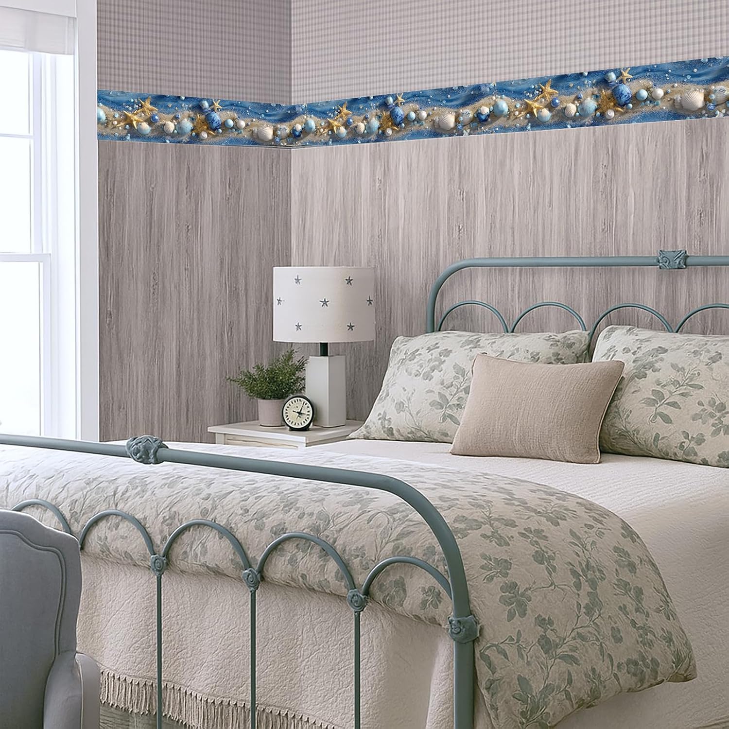Wall Border Peel and Stick Coastal Beach Seashell Self Adhesive / Ocean Starfish / Blue / 196 x 4