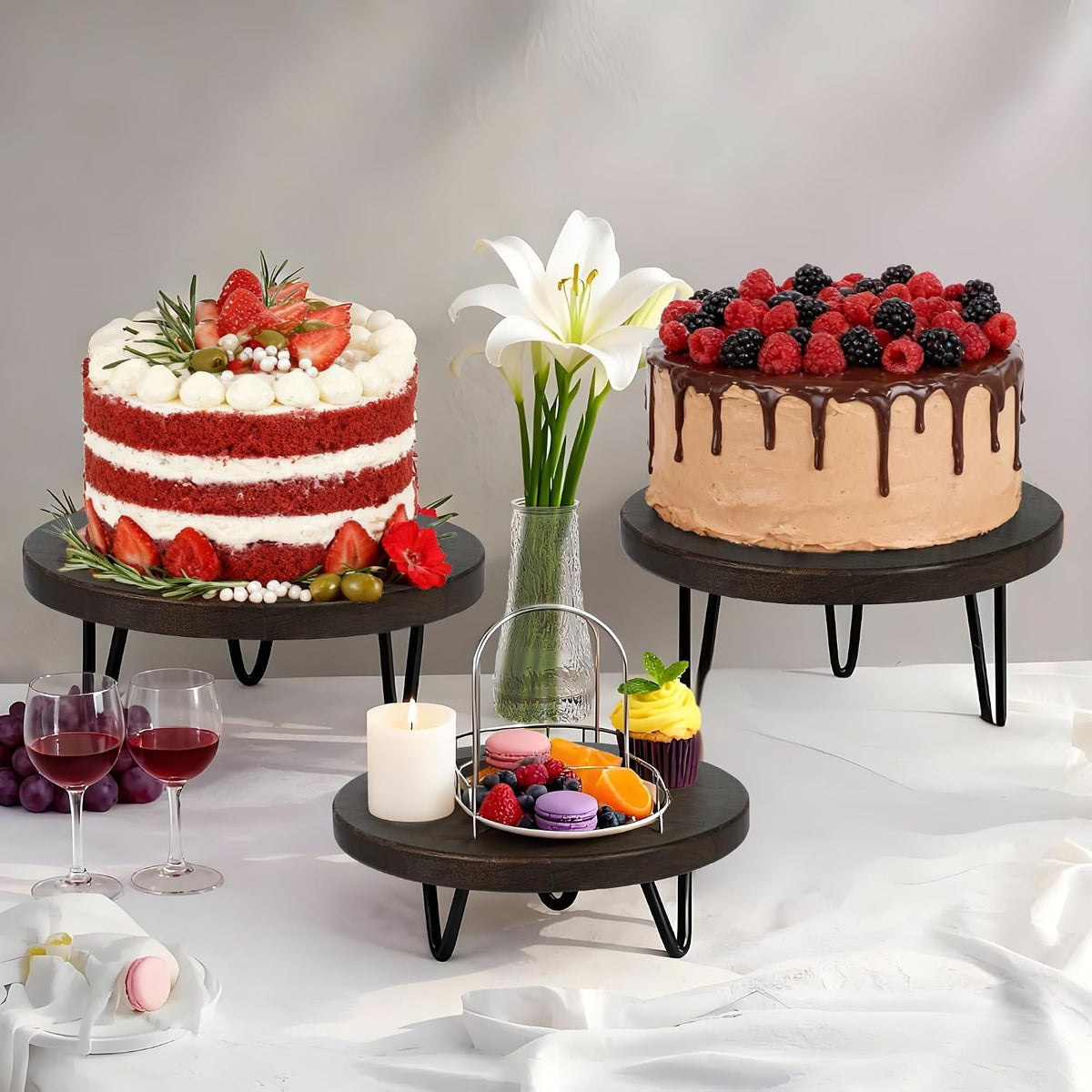 3 Pcs Buffet Risers, Wood Round Food Riser Dessert Table Display Stand Set for Party Wood Cupcake Stands Nesting Table