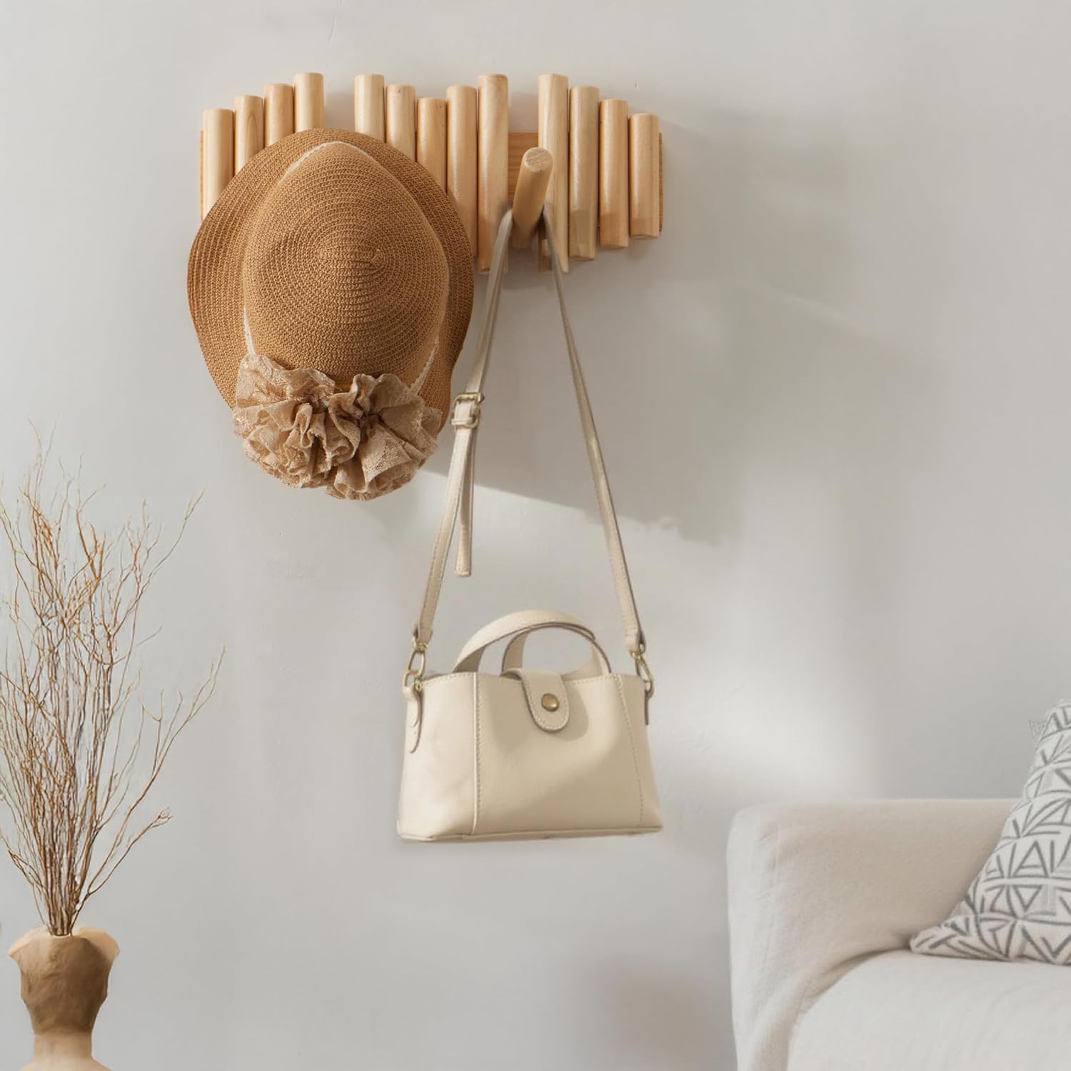 Wooden Wall mounted wood coat rack / Natural / 15 Inch