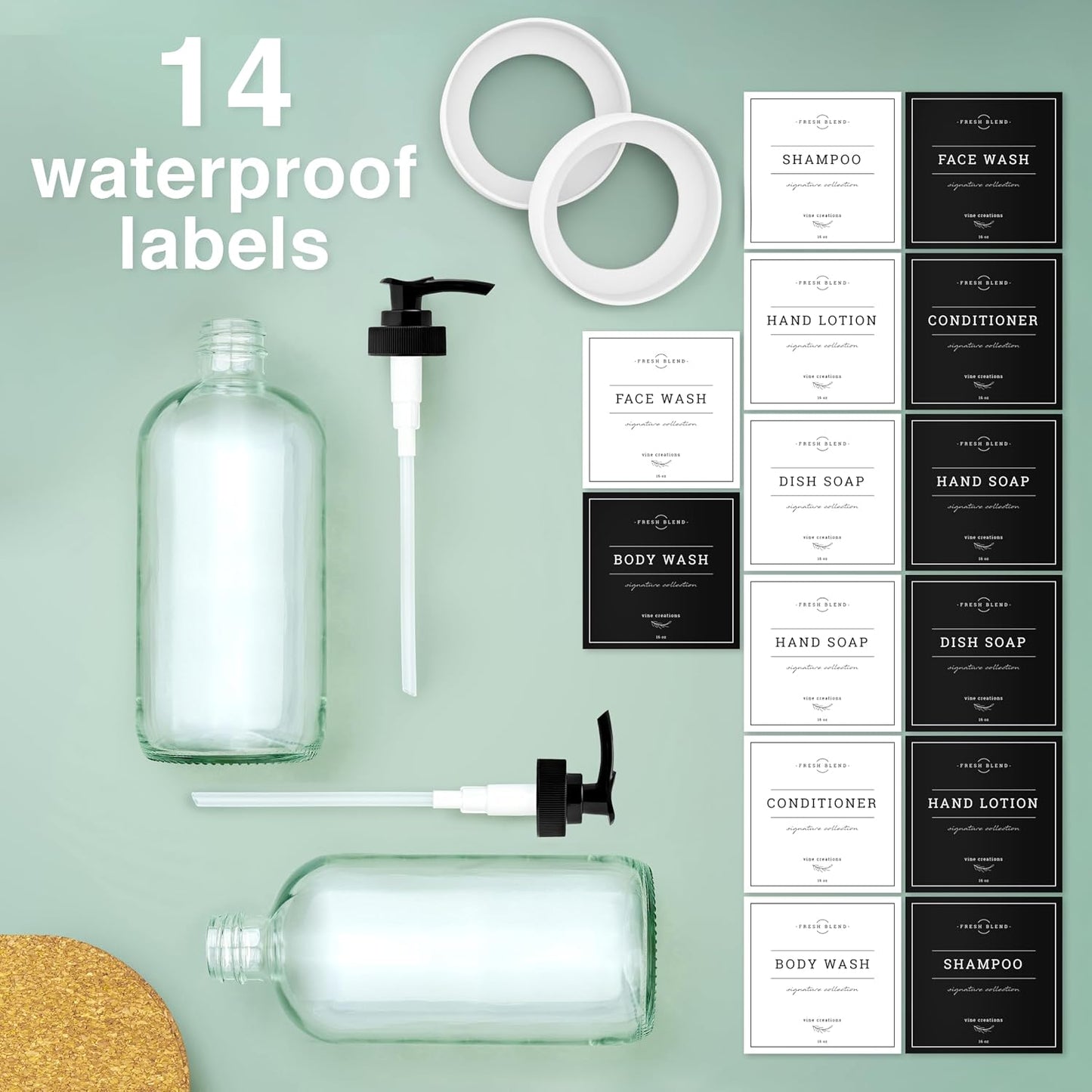 Vine Creations Clear Glass Soap Dispenser, 2 Pack Kitchen Soap Dispenser Set with Rustproof Pump, 16 oz Dish Soap and