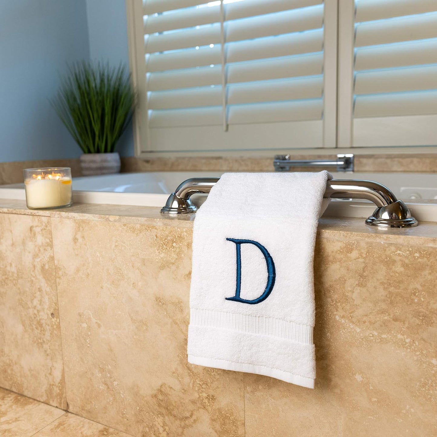 White with Navy Monogrammed Hand Towels for Bathroom - Set of 2 Letter D | Luxury Hotel Quality Initial Towels For
