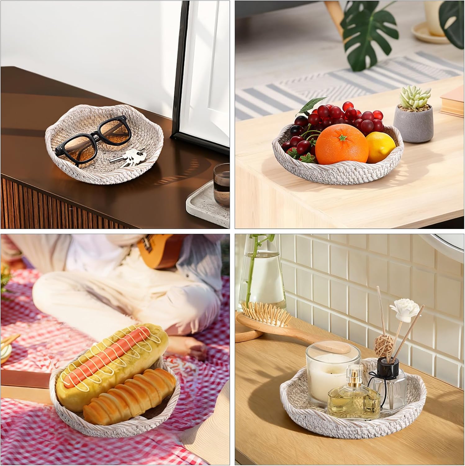 Handwoven Rattan Basket Tray Decorative Key Tray for Entryway Table Handwoven / 7.9 Inch / Whitewash