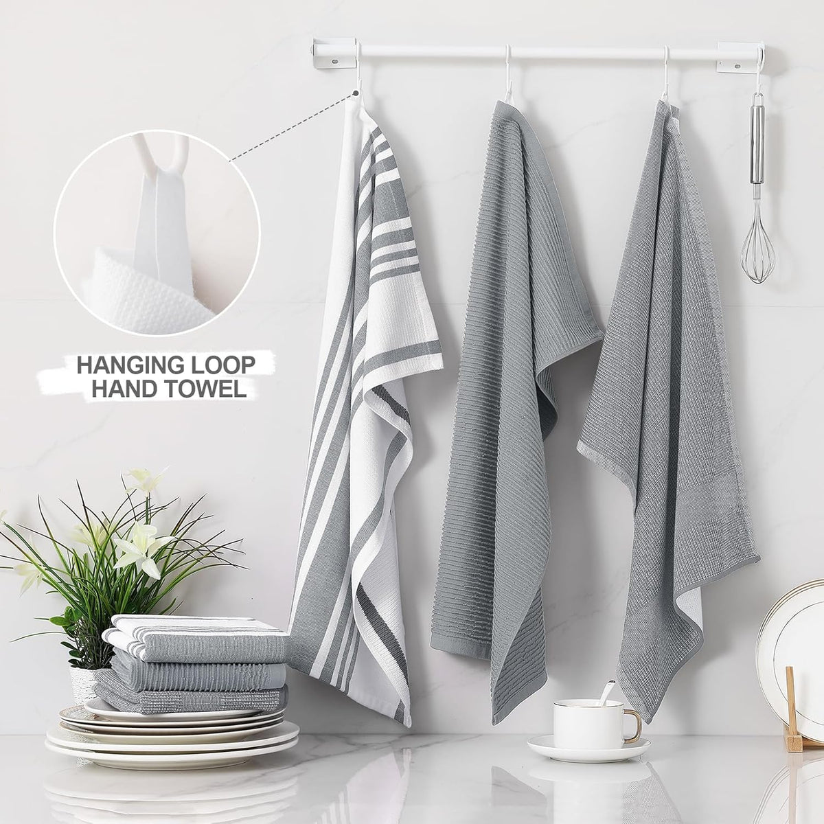 Homaxy Cotton 380 GSM Premium Kitchen Towels, 18"x 28", 12 Pack, Grey | Soft and Absorbent Terry Dish Towels