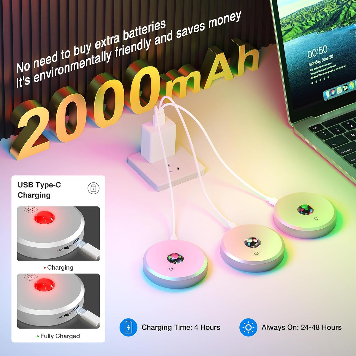 RGB Puck Lights with Remote Control,Under Cabinet Lighting,Silver,5PCS | 2000mAh Battery Operated Tap Lights