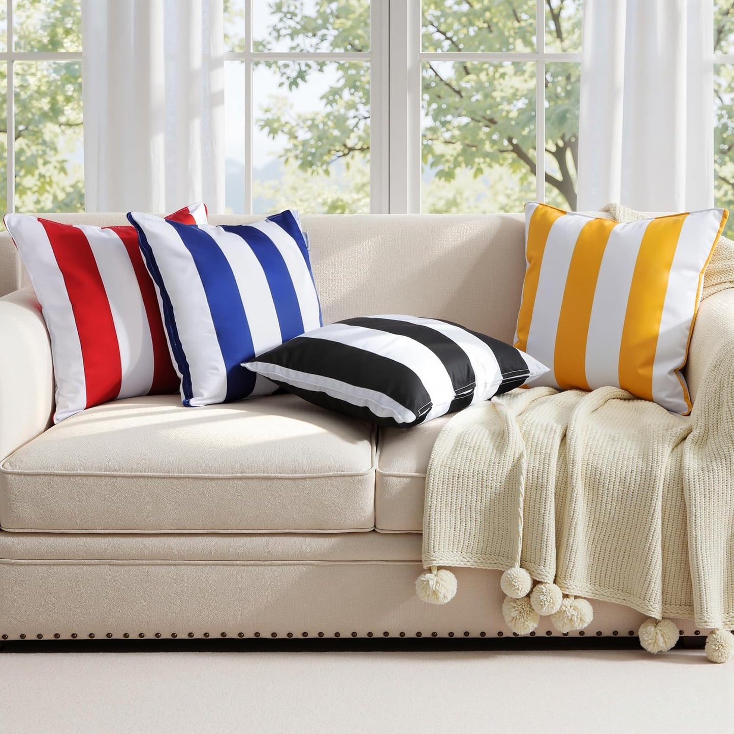 Western Home Decorative Outdoor Solid Waterproof Striped Throw Pillow / Blue / 18 x 18 / Set of 2