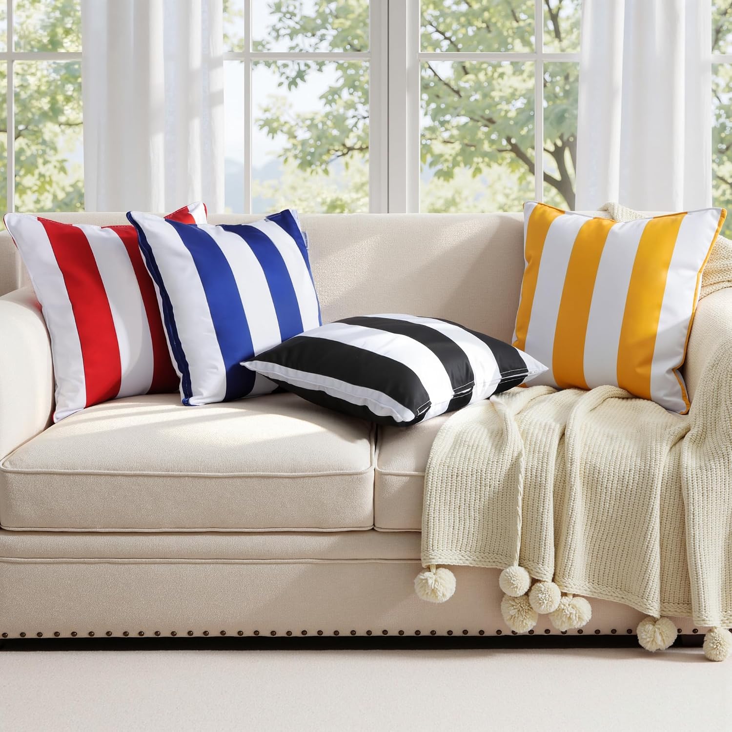 Western Home Decorative Outdoor Solid Waterproof Striped Throw Pillow / Blue / 18 x 18 / Set of 2