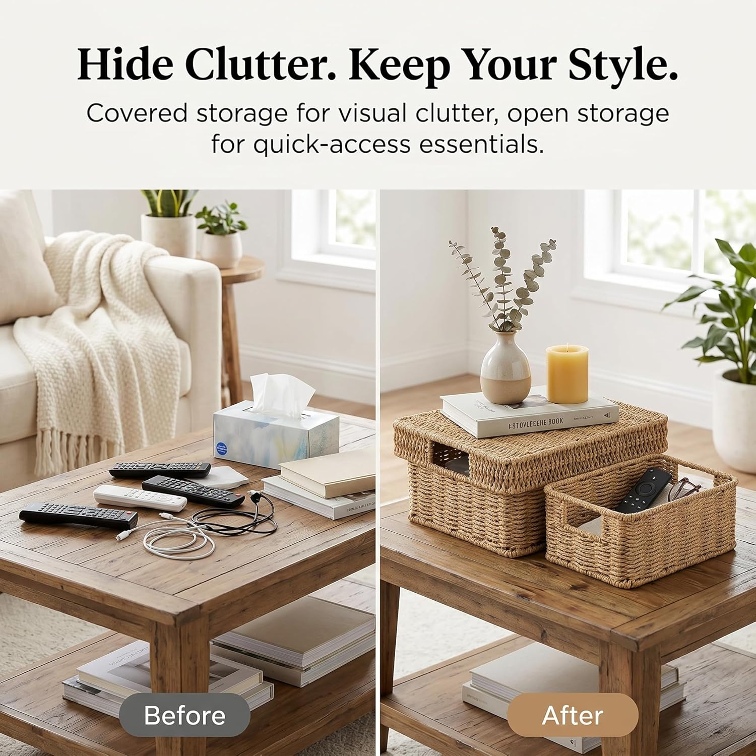 Wicker Storage Basket / Natural / 12 x 10 x 5.5 / 2-piece Mixed Set
