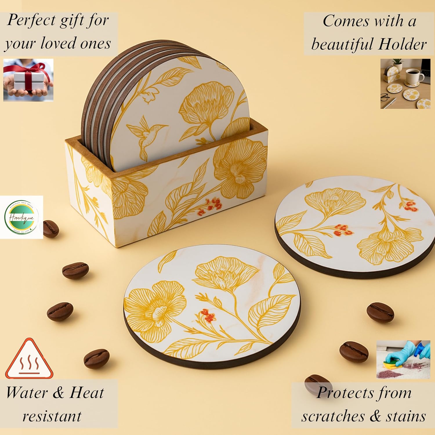 Holder / Wooden Coasters for Drinks / White Floral / Set of 6