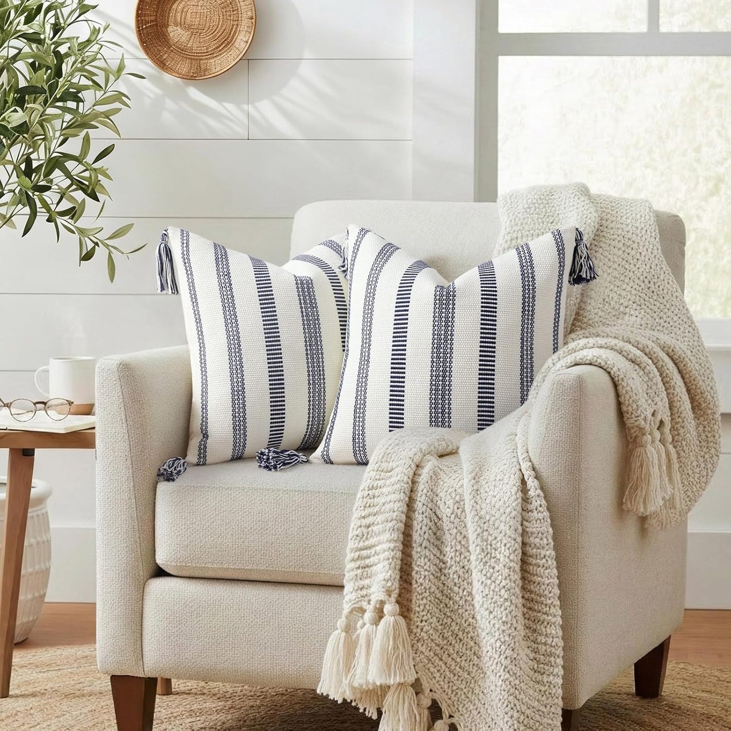Boho Outdoor Couch Throw Pillow Covers Decorative / Navy Blue and Cream White / 20 x 20 / Set of 2
