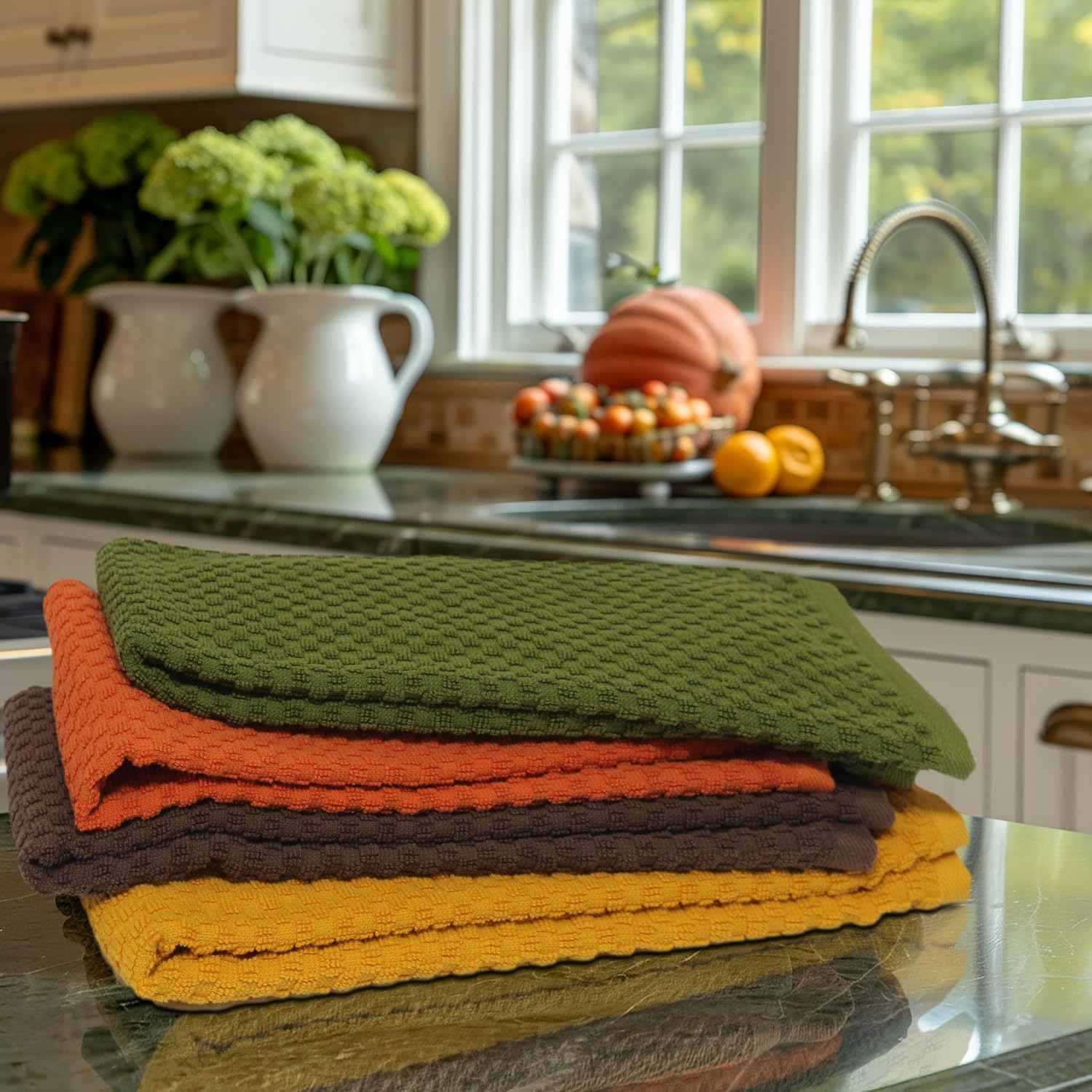 COTTON CRAFT Amazing Kitchen Towel - 12 Pack 100% Cotton Waffle Terry Towel | Harvest Rust Green Gold Brown -16x28 Euro