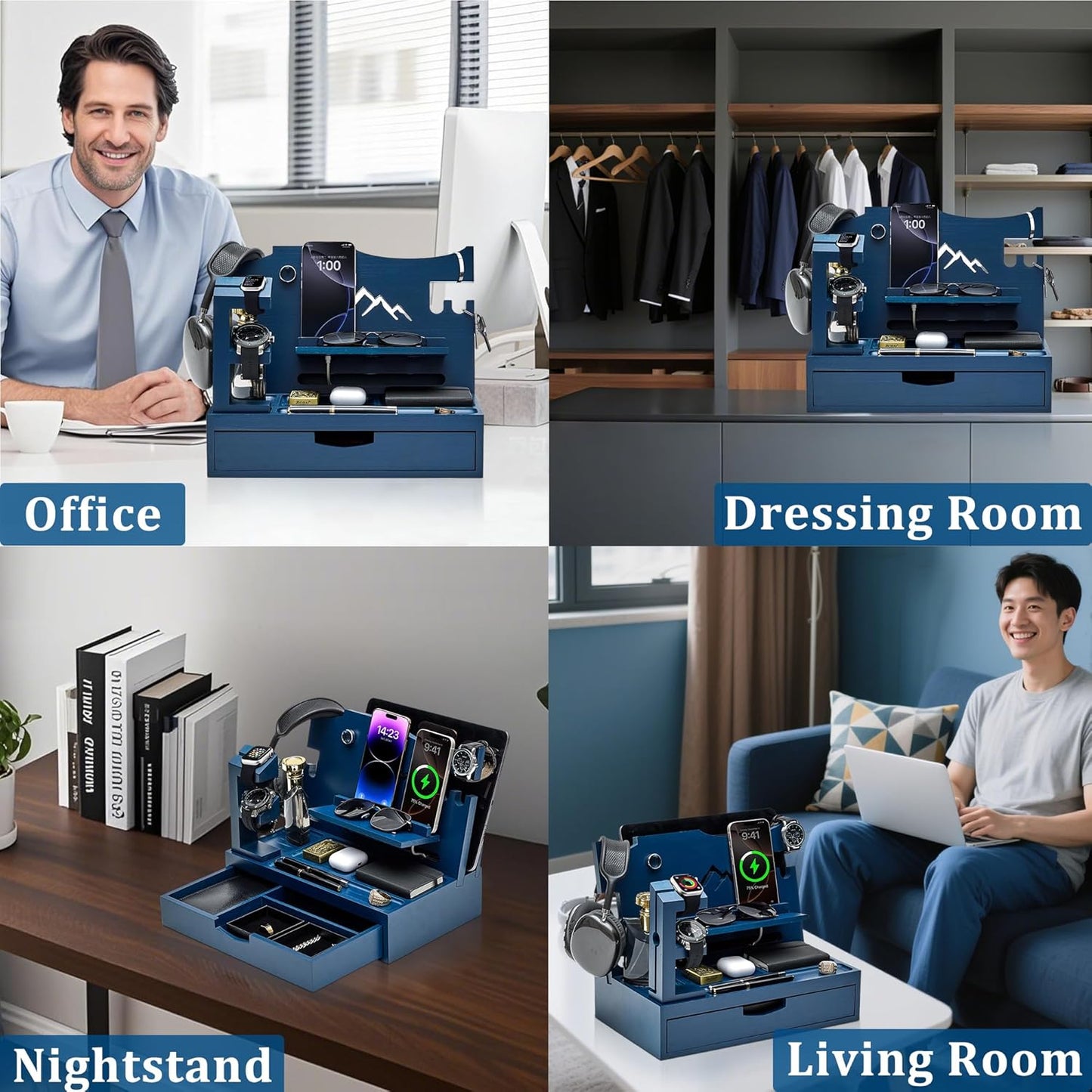 Nightstand Organizer for Men with Large Drawer, Wood Phone Docking Station for Phone, Apple Watch, Wallet & Keys, Ideal
