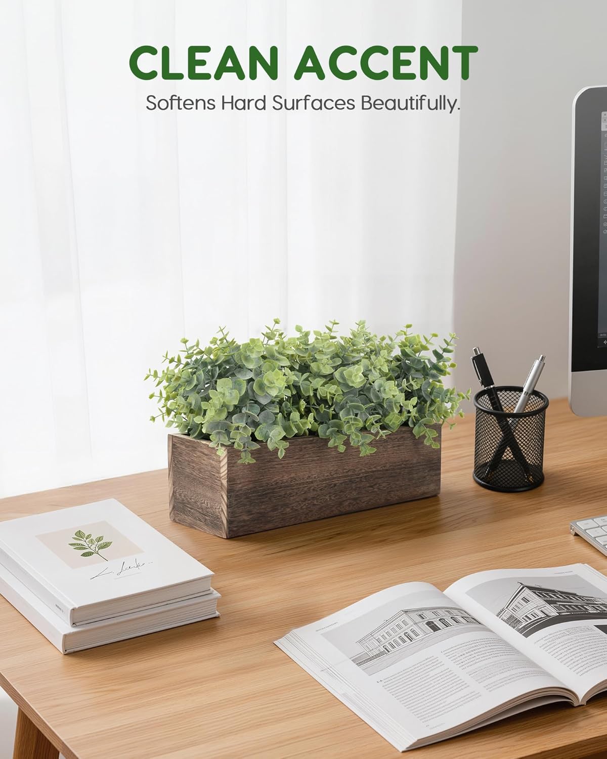 14" Artificial Plants in Rustic Rectangular Wooden Planter Box / Eucalyptus
