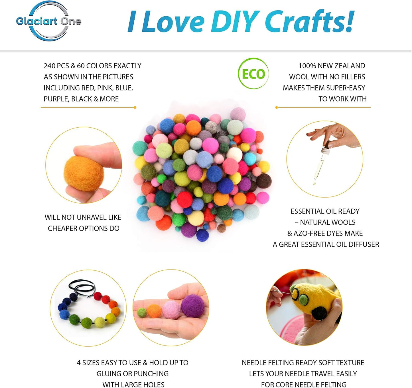 Glaciart One Felt Pom Poms, Wool Balls (240 Pcs) 4 Sizes: 1 cm, 1.5 cm, 2 cm & 2.5 cm, Handmade Felted 60 Color (Red