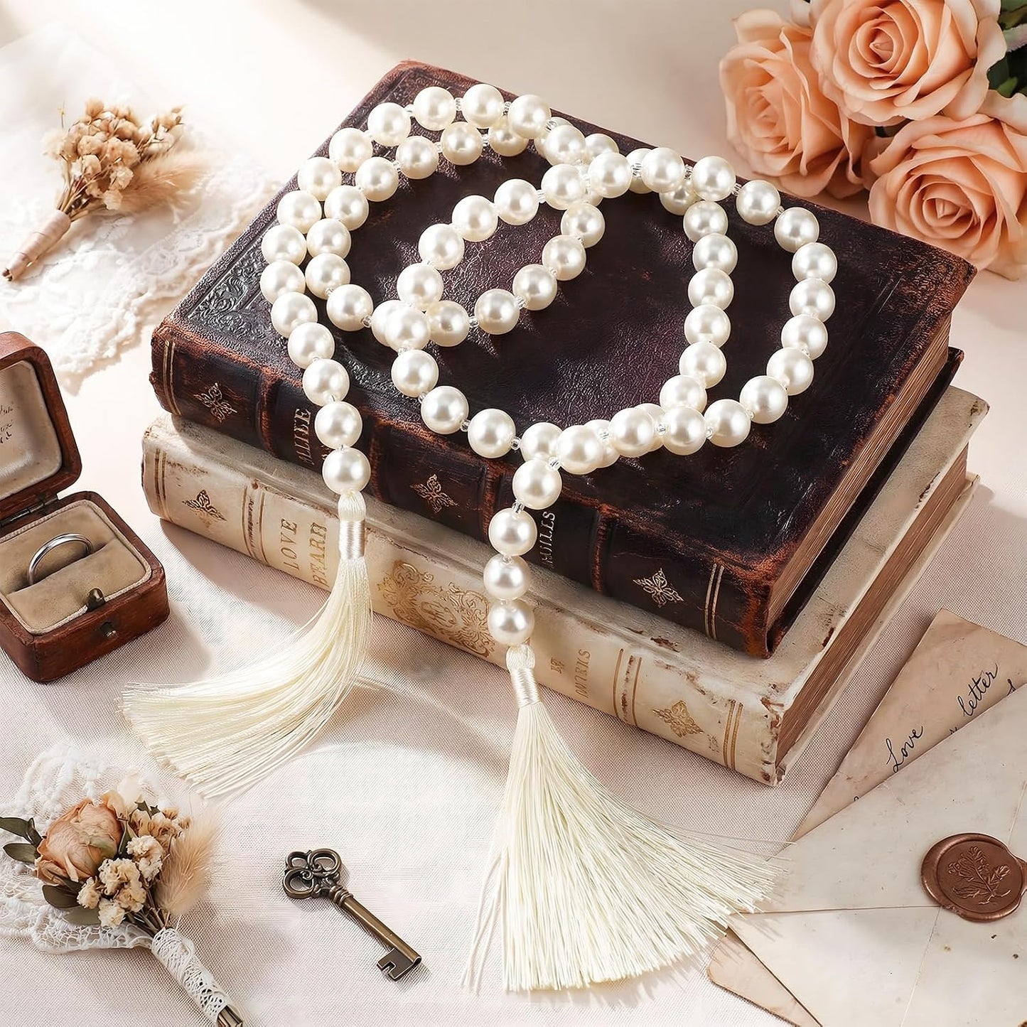 Tassels 16mm Pearl Glass Bead Garland Boho Wedding Table Decor Healing Bead / Beige / 58 Inch