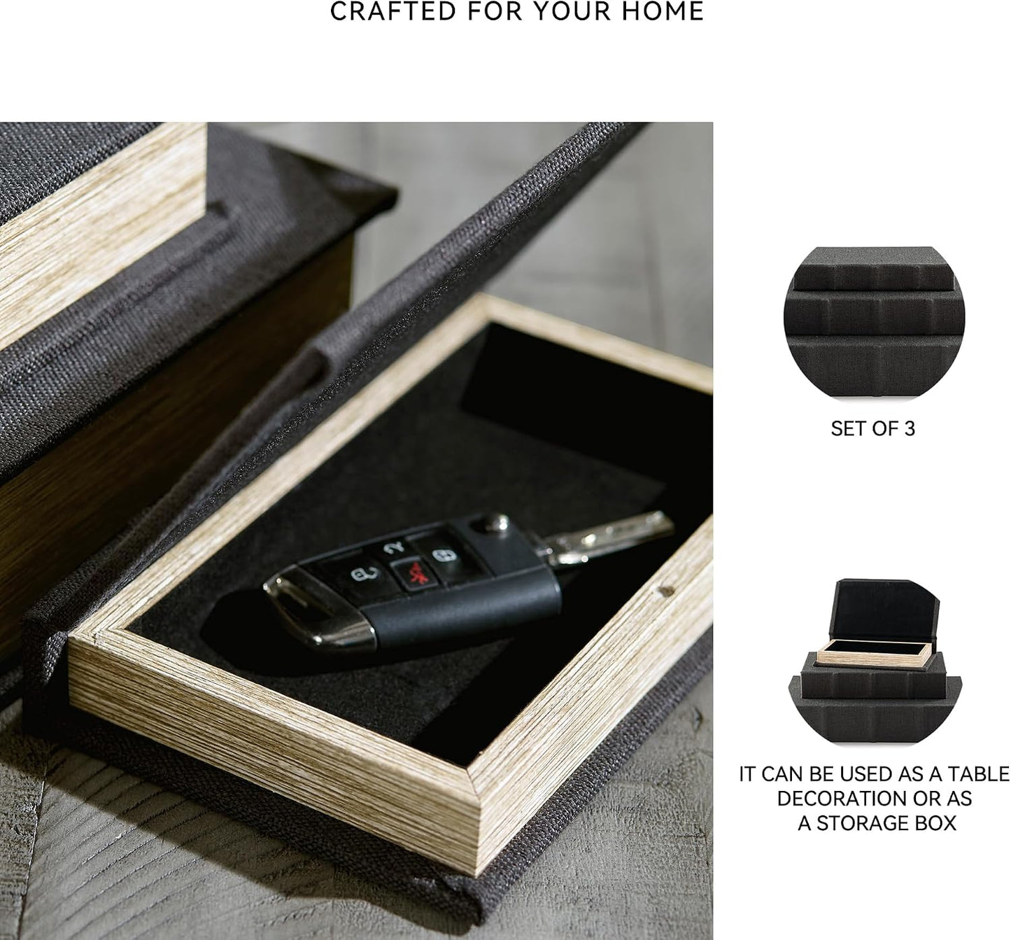 Jolina Vintage 3 Piece Faux Book Keepsake Storage Box Set / Black