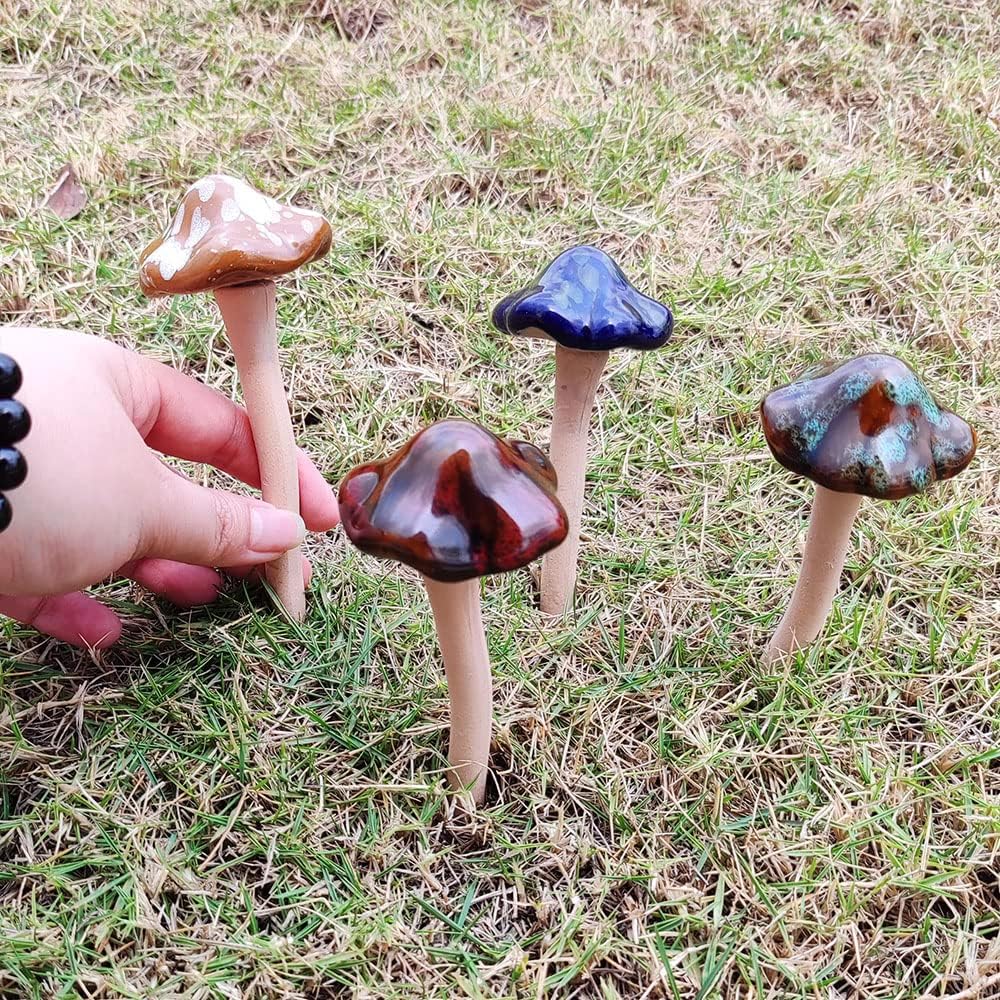Color Ceramic Mushrooms Height and Mini Size Polyresin Hedgehog Fairy / Flat / 4.5 Inch / Set of 4