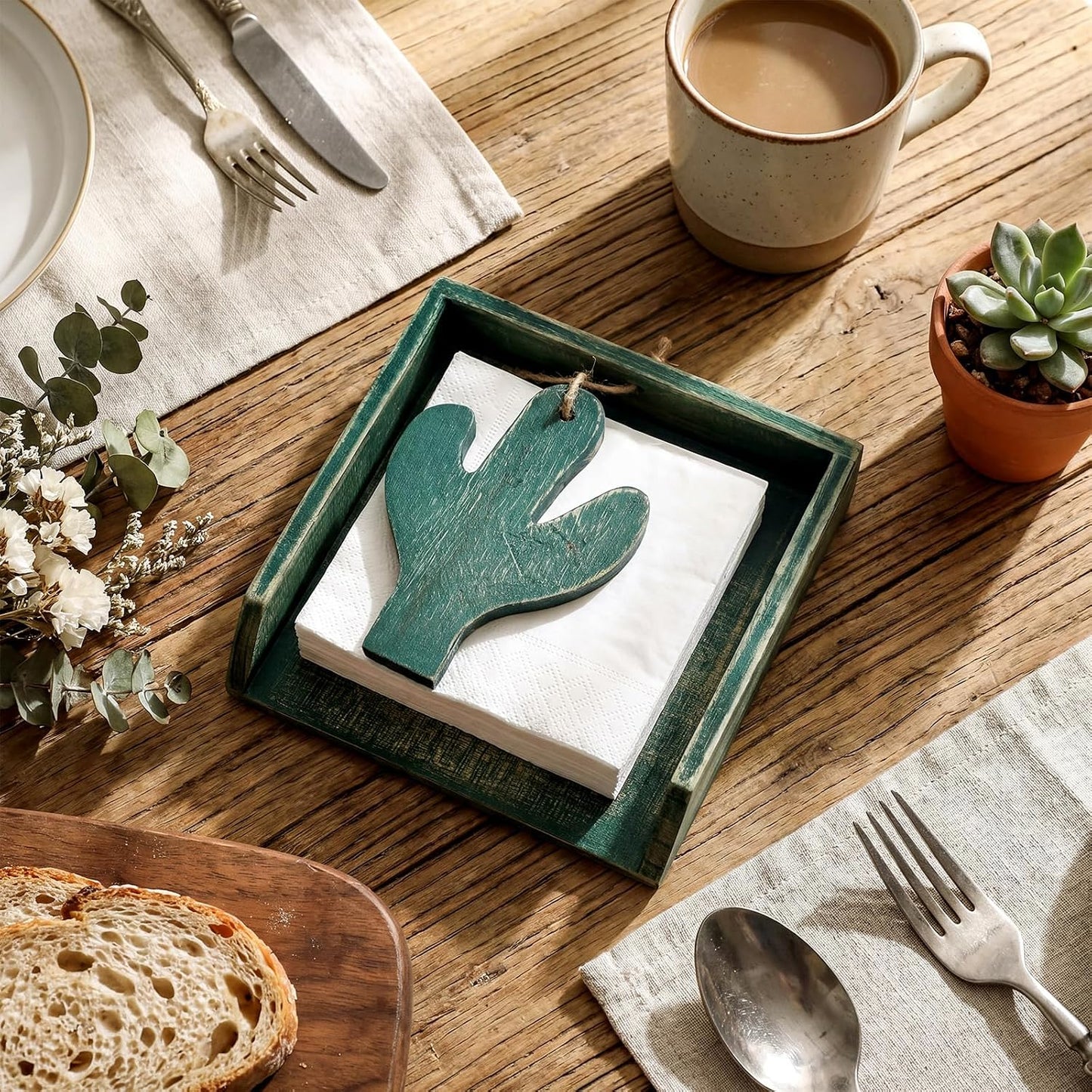 Wooden Lunch Napkin Holder / Green / 7 x 7