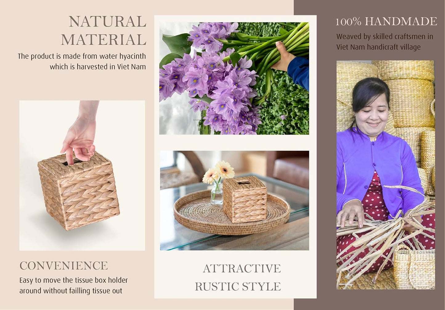 Seagrass Tissue Box Cover / Square / Brown