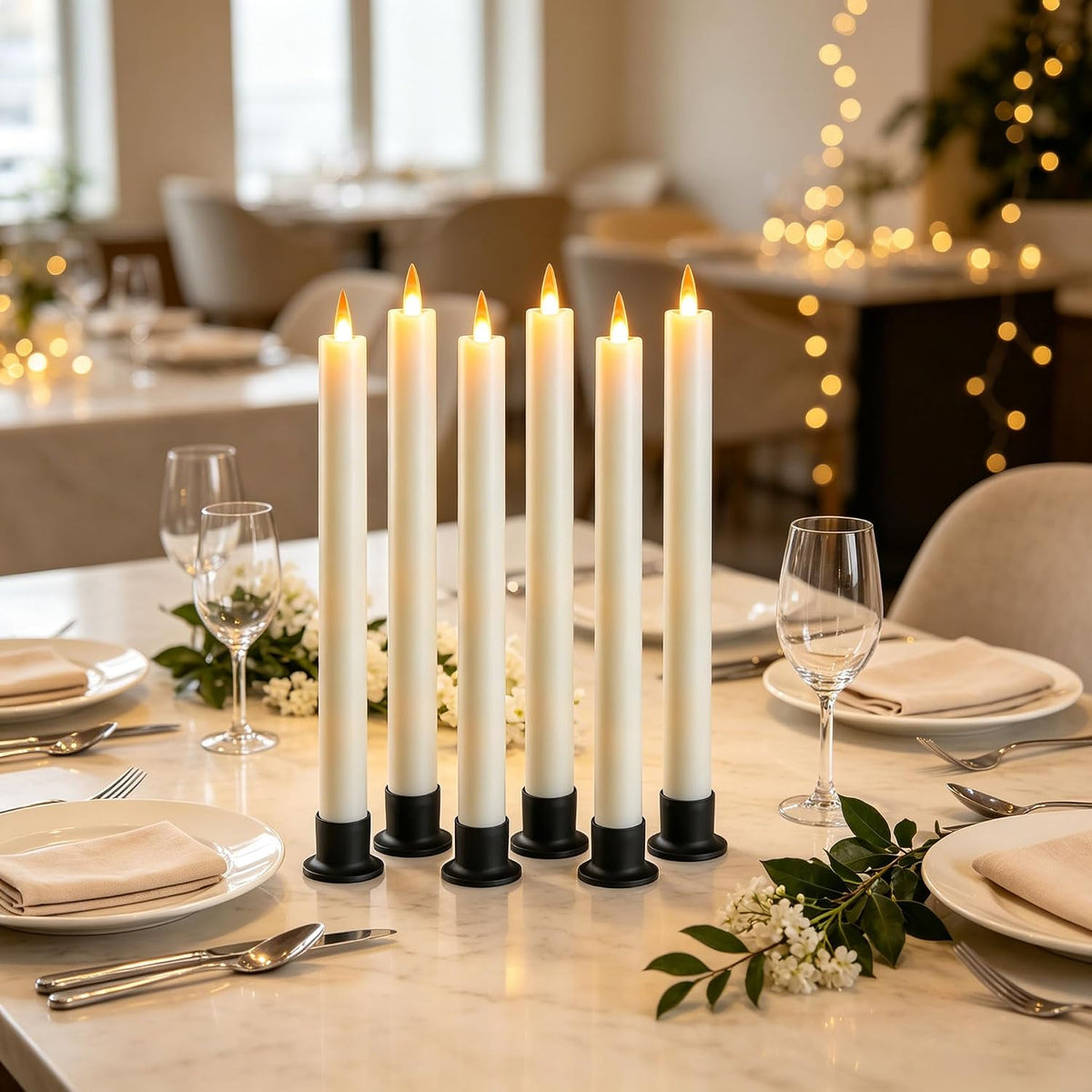 Da by 6 Flameless Window Candles with Remote Controller & Timer, LED Cone Stick Candle, Free 6 Black Bases, 9.6 Inch