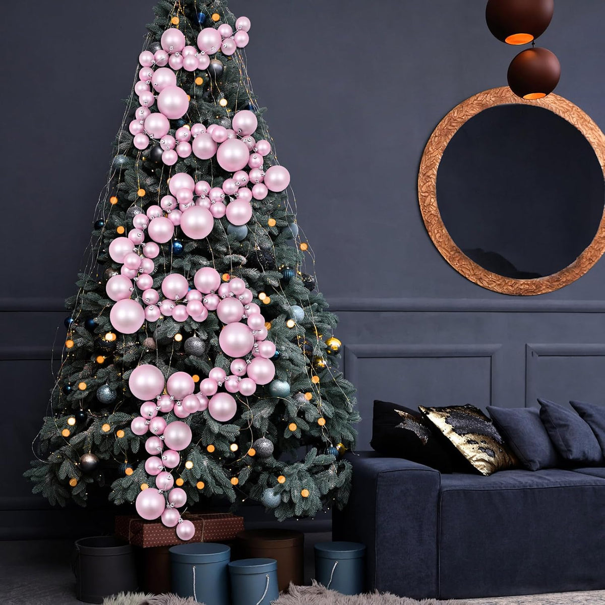 9 ft Christmas Ball Garland Ornaments Large Pink Hanging Shatterproof Xmas Balls Decorations for Home Indoor Outdoor