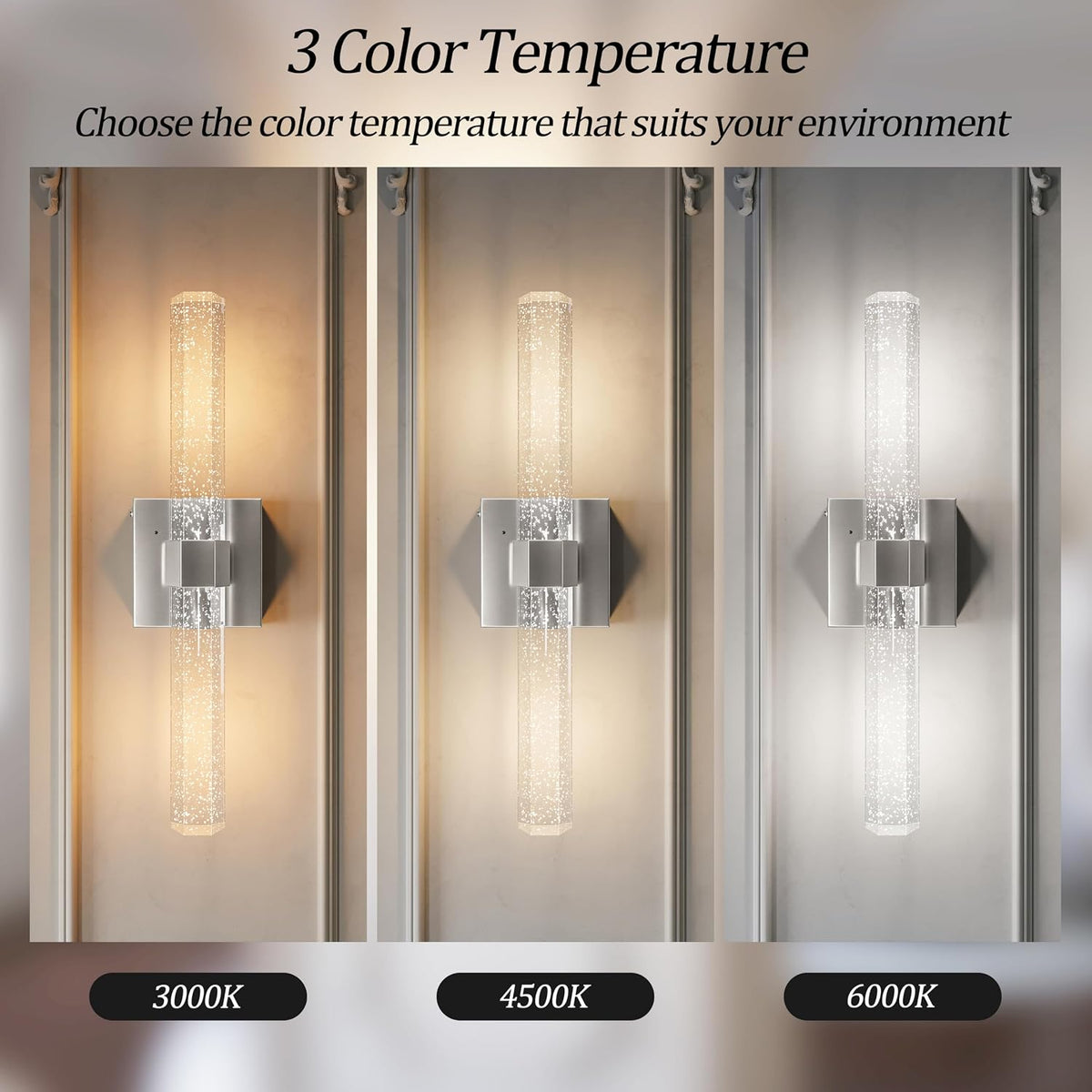 Battery Operated Wall Sconces Set of 2, Nickel, Bubble Crystal, 18.4 Inch | LED Wireless Rechargeable Wall Lights