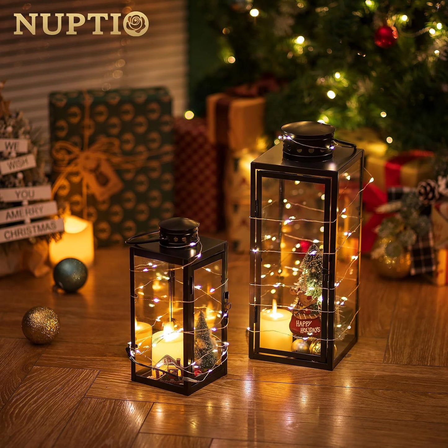 NUPTIO Lanterns Decorative Indoor Black, 9.5 & 13.8 inch Tall Lantern | Set of 2 Hurricane Lantern with Glass Panel