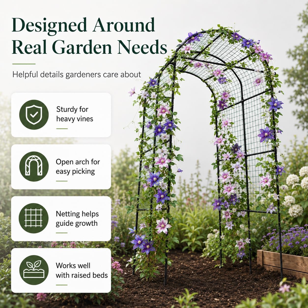 FOLLOOK Garden Arch Trellis for Climbing Plants Outdoor, 7.8 ft, Black | Cucumber Trellis for Raised Garden Bed