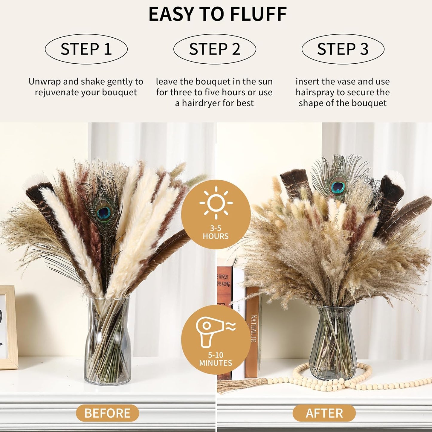 Feathers Boho Flowers Arrangement / 16-17inch / Natural / 17 Inch / Set of 100