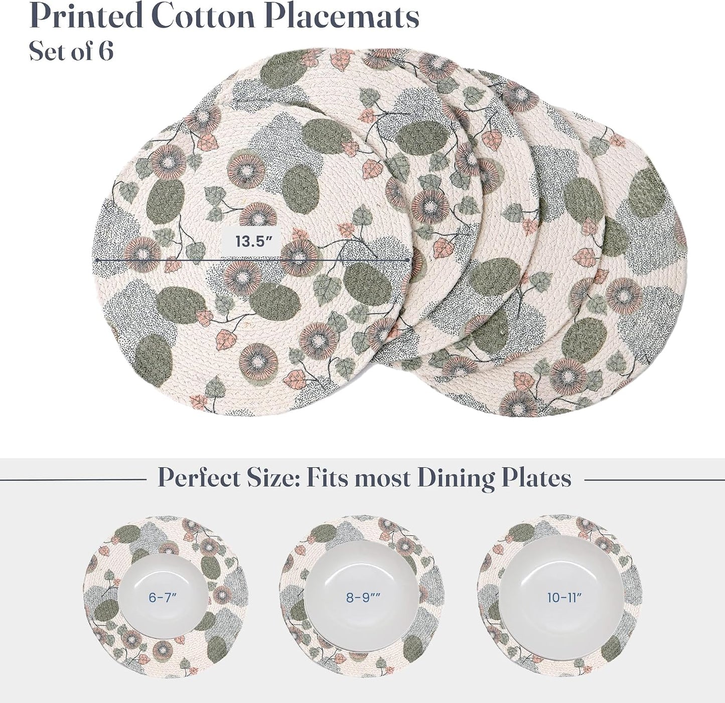 The Fine Living Braided Cotton Placemats, Round Table Mats, Set of 6,13.5" | Washable Anti-Slip Heat Resistant Braided