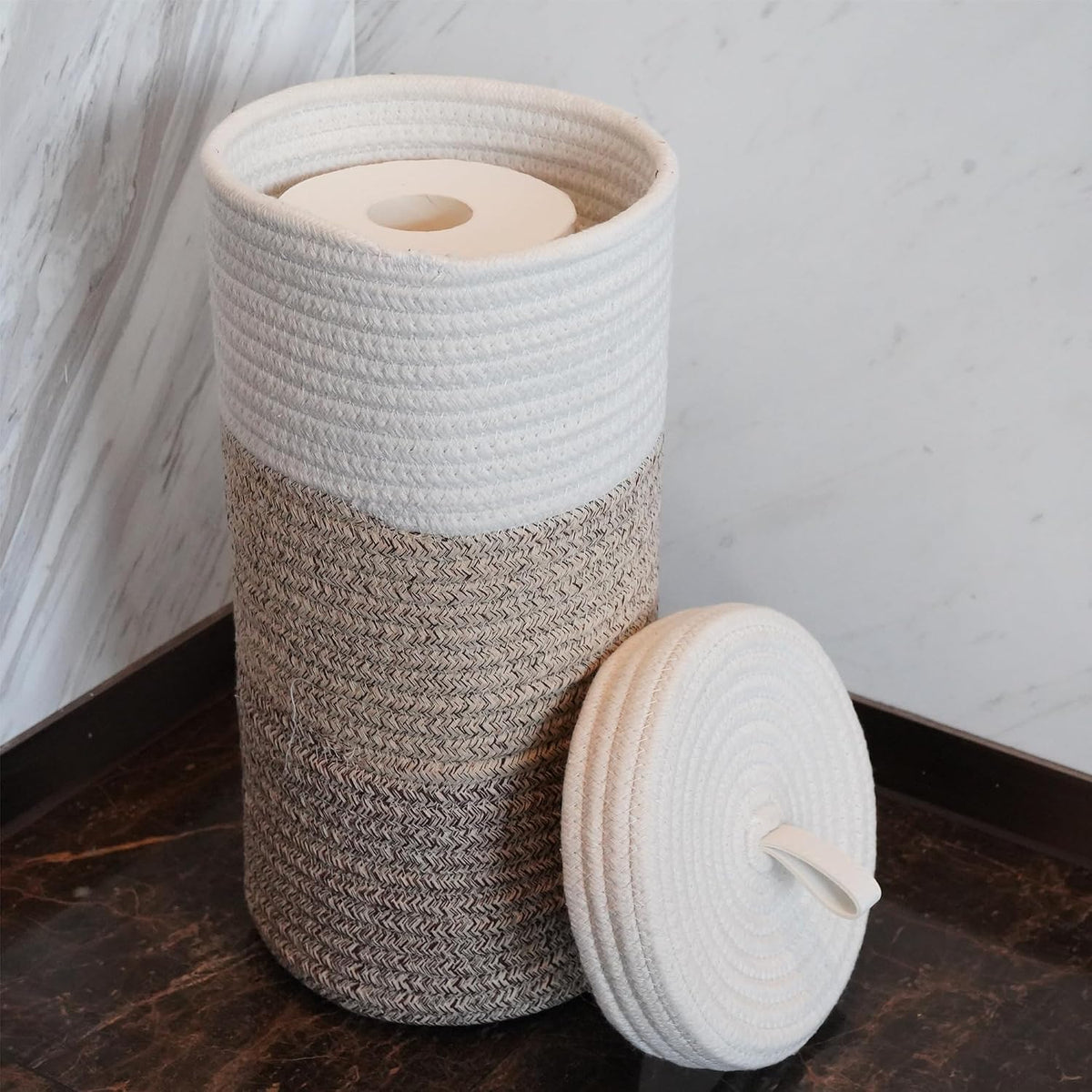 Toilet Paper Holder Handmade – Woven Cotton Toilet Paper Stand & Storage Basket with Lid, Freestanding Organizer for