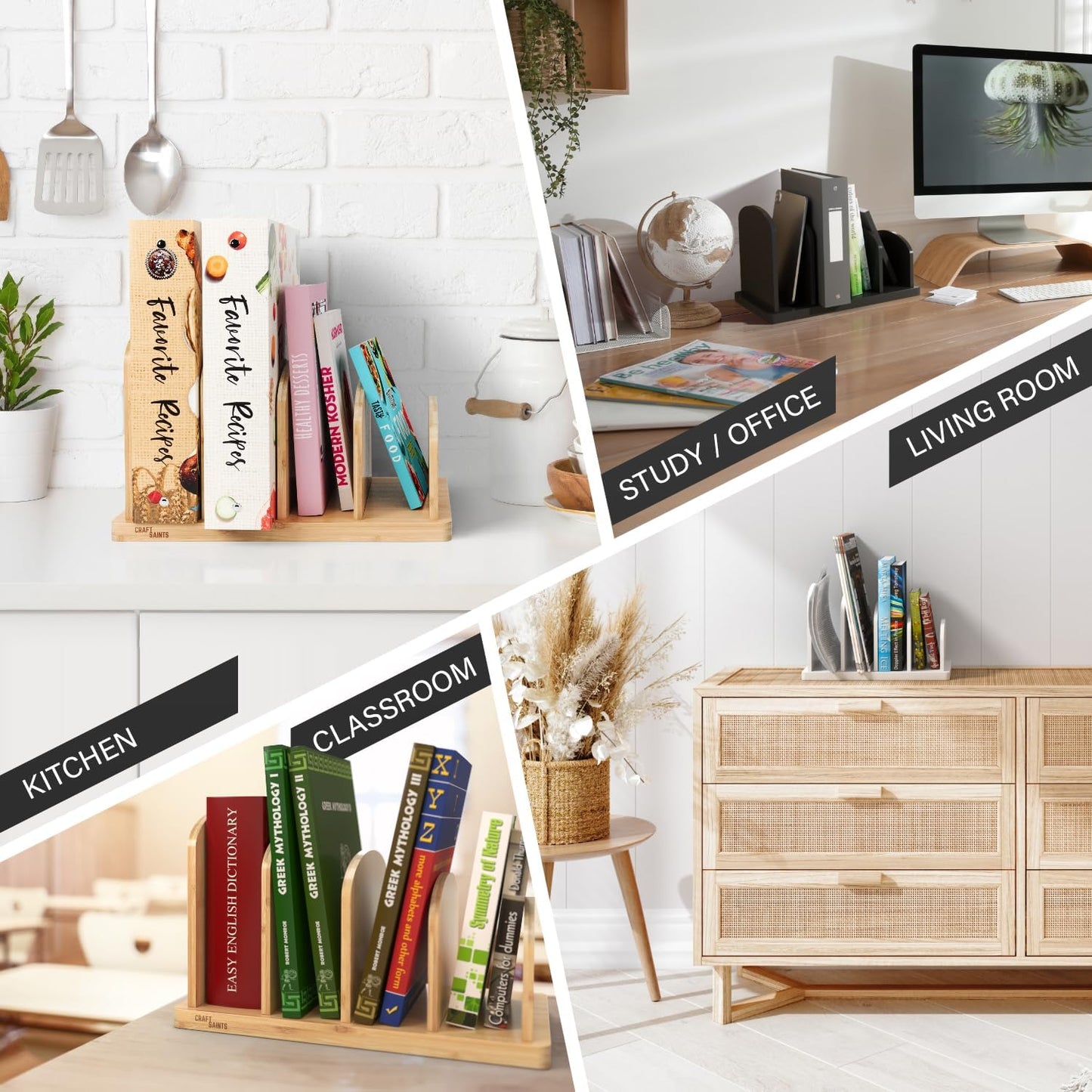 Cook Book Organizer, 4 Sections, Recipe Book Holder Rack, Tabletop Stand for Convenient Cookbook Storage, Vertical Cook