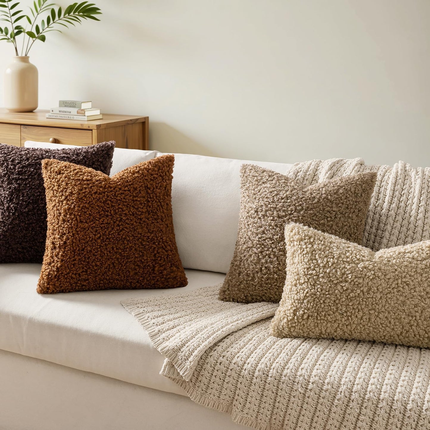 Faux Fur Throw Pillow Covers Boucle Neutral Decorative Sherpa Fuzzy / 18 x 18 / Brown / Set of 2