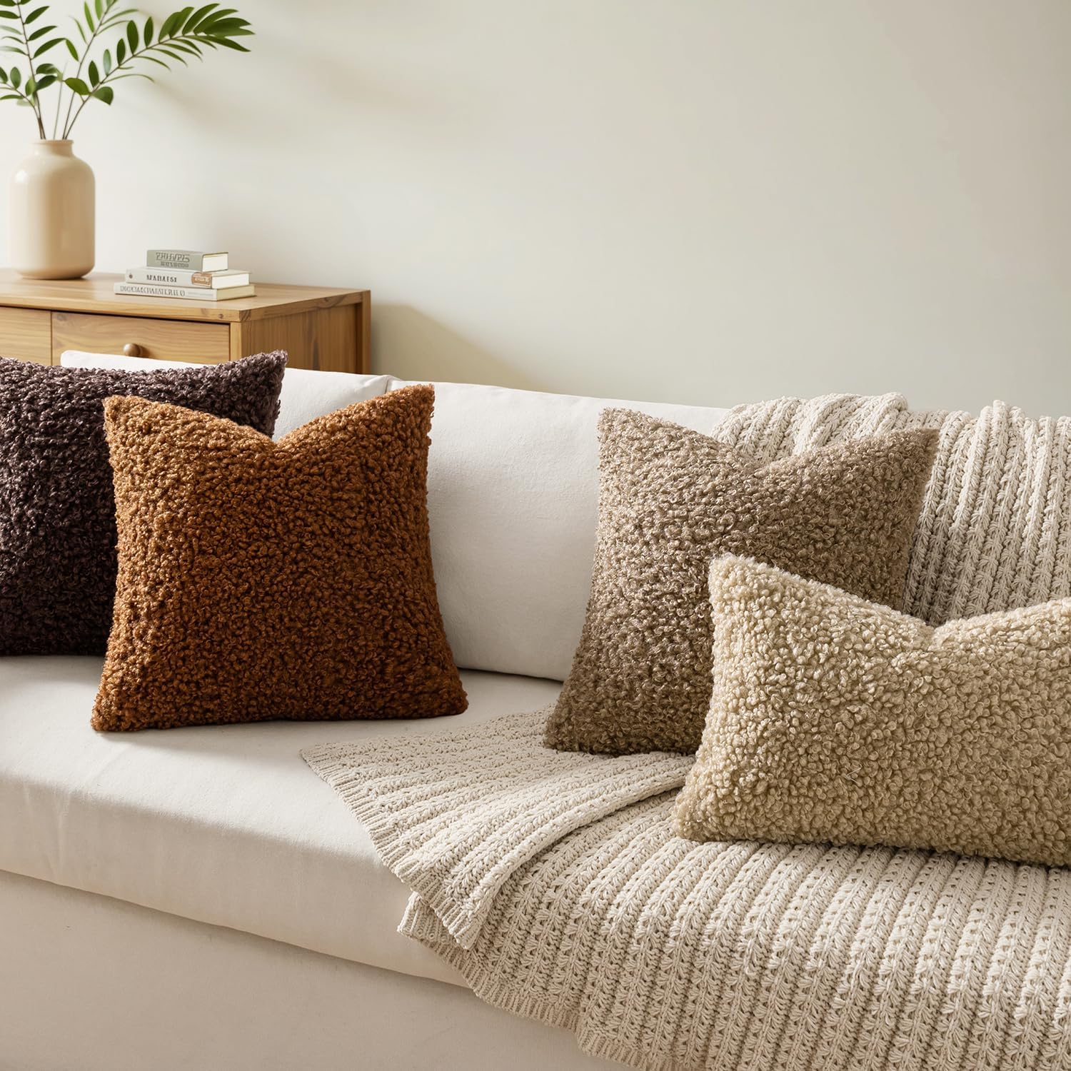 Faux Fur Throw Pillow Covers Boucle Neutral Decorative Sherpa Fuzzy / 18 x 18 / Chocolate / Set of 2