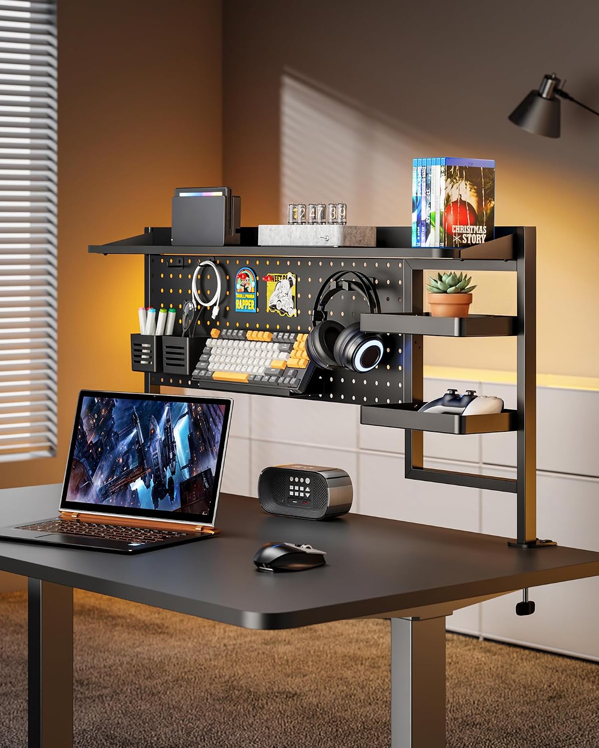 Clamp on Desk Shelf, 44" Desktop Shelving System, Black | with Pegboard and Accessories, Desktop Organizer with 2-Tier