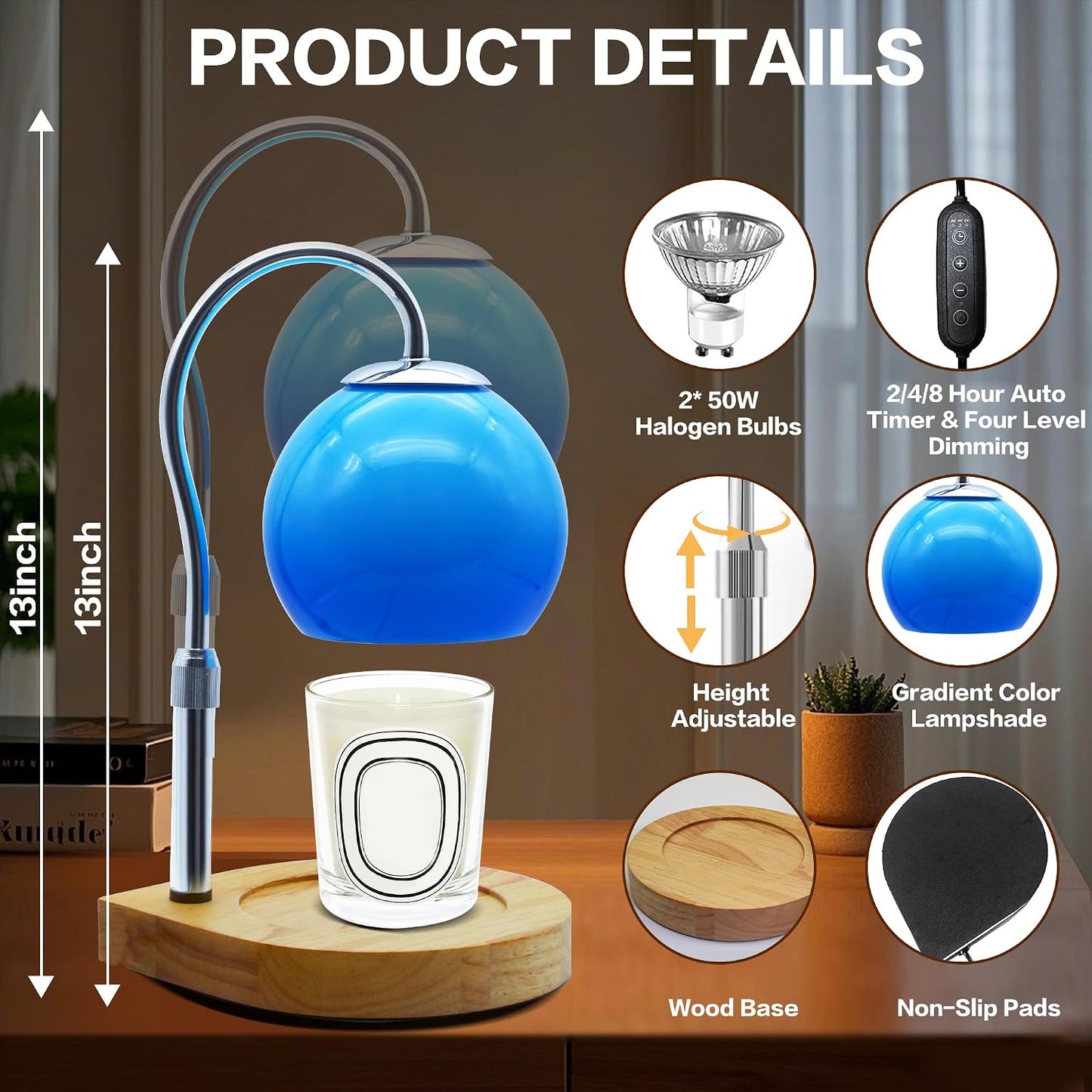 Candle Warmer Lamp with Timer 2H/4H/8H, Adjustable Height, Ocean | Dimmable Candle Lamp with 2 Bulbs, Wax Melt Warmer