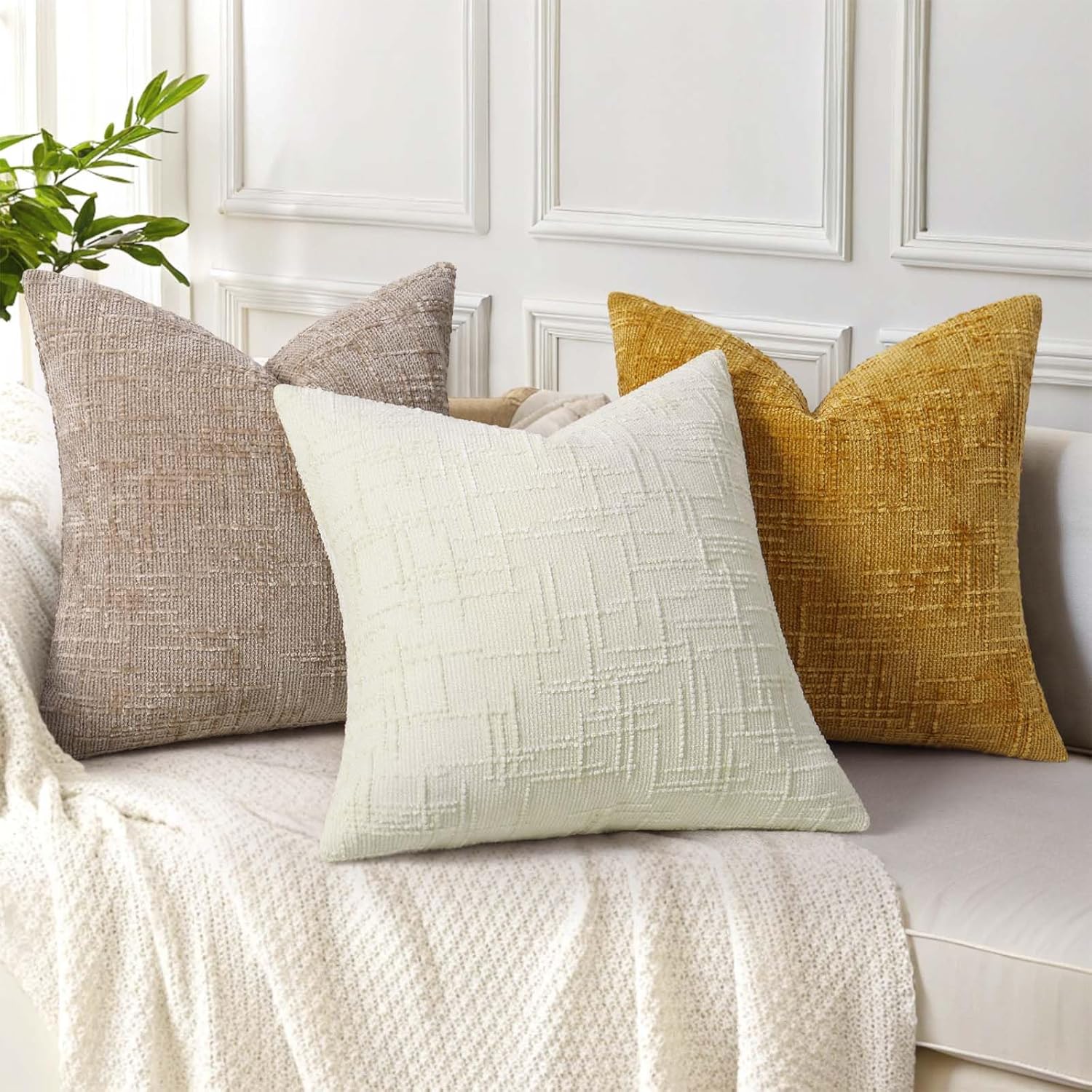 Fall Chenille Throw Pillow Covers Textured Soft Slubby Couch Pillow / Oatmeal / 18 x 18 / Set of 2