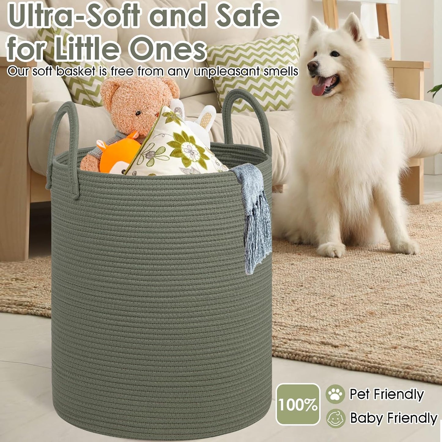Laundry Basket / Cotton Rope Storage Basket / Green / 100L / 18 x 18 x 22