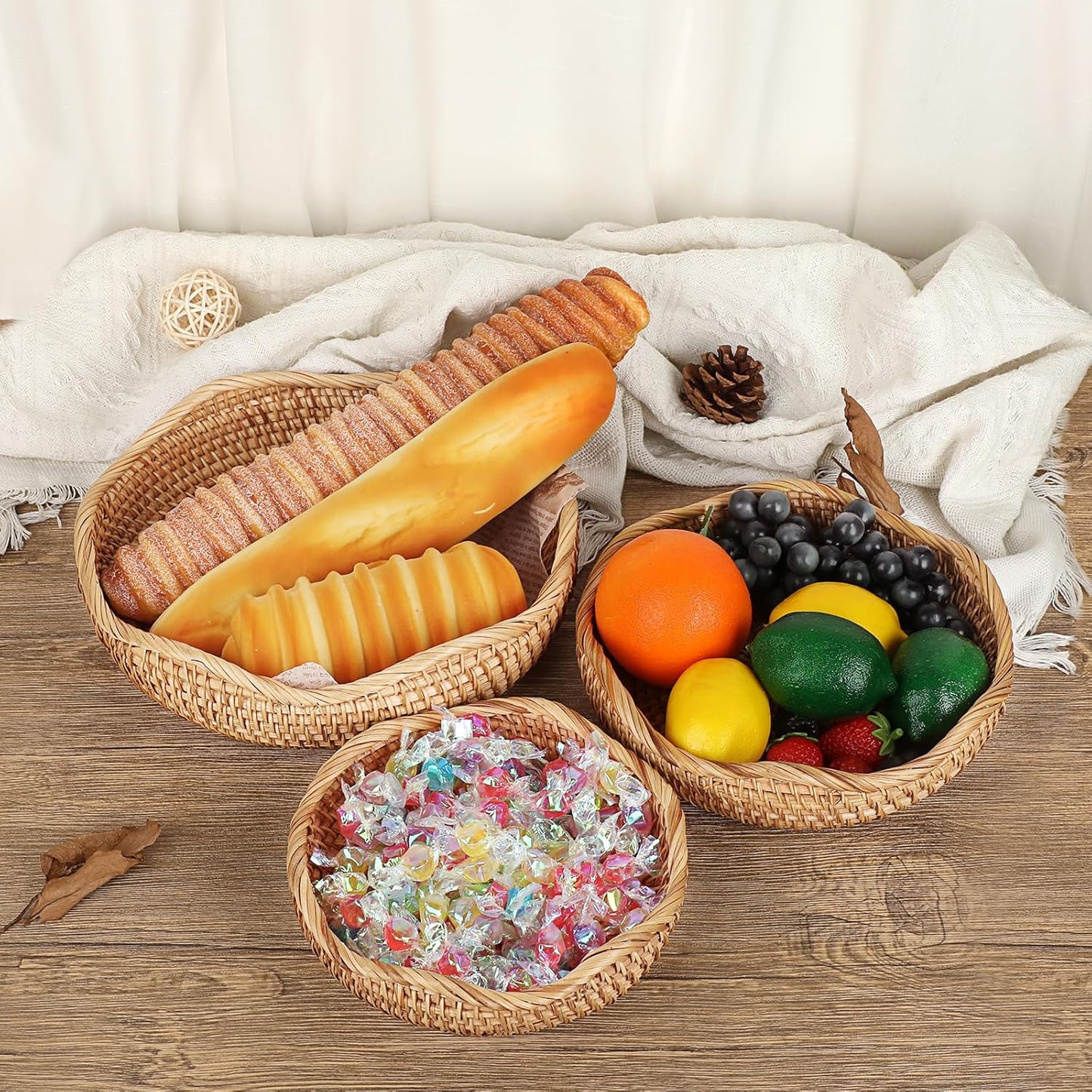 Natural Rattan Tray " Wicker Storage Bowls Hand Woven Basket Tray / 8.5 Inch / Natural Color