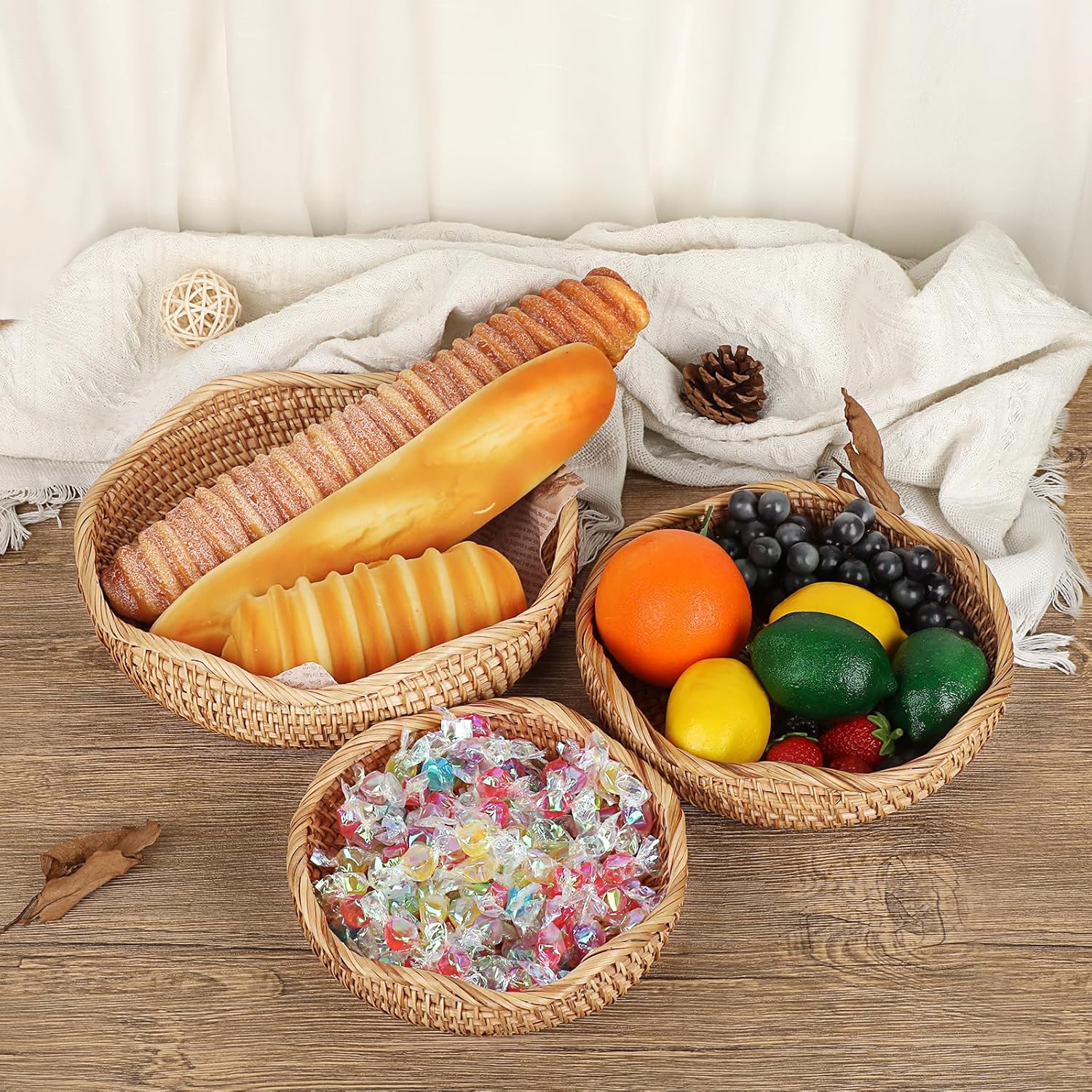 Natural Rattan Tray " Wicker Storage Bowls Hand Woven Basket Tray / 8.5 Inch / Natural Color