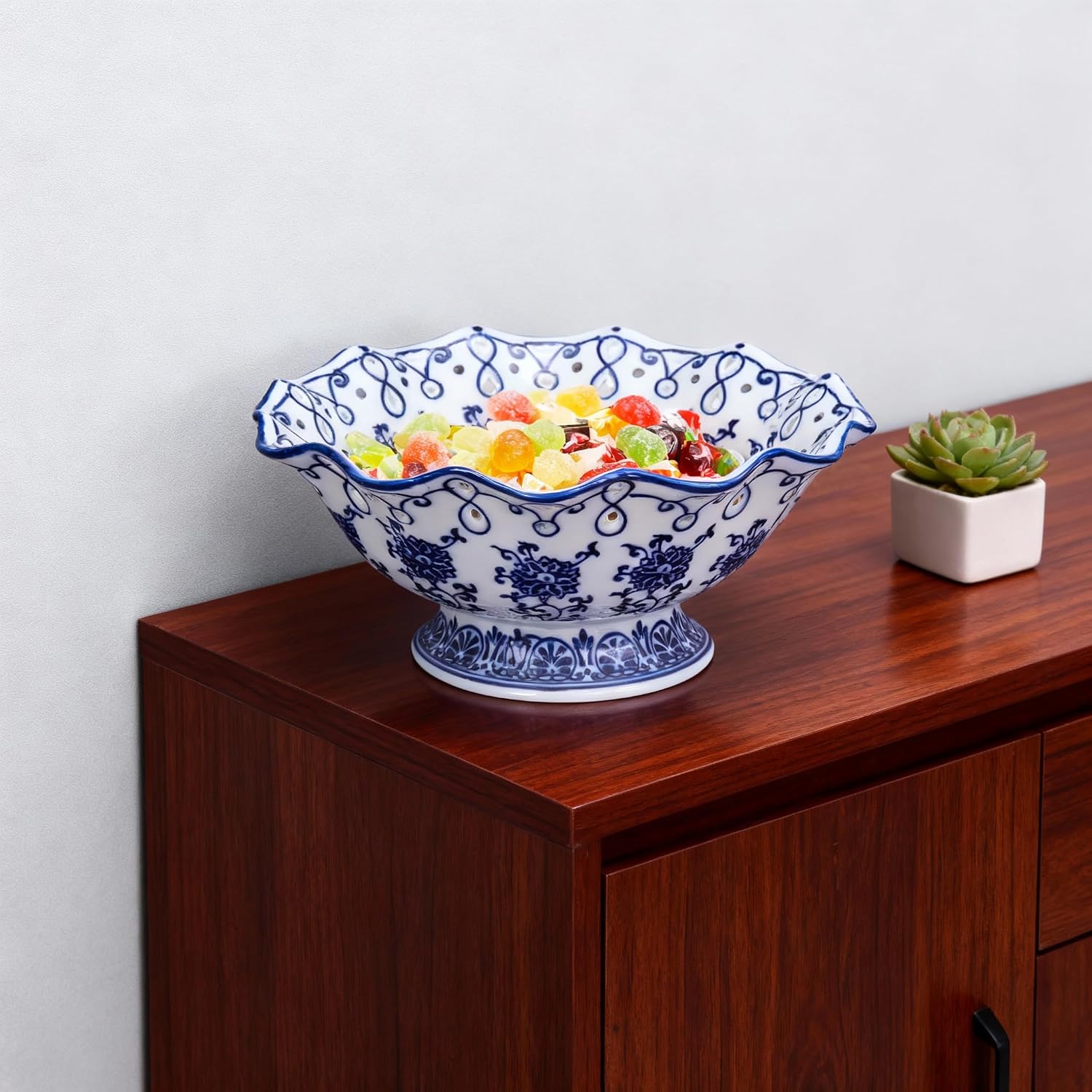 9.5" Large Ceramic Fruit Pedestal Bowl / Medium / Floral / Blue